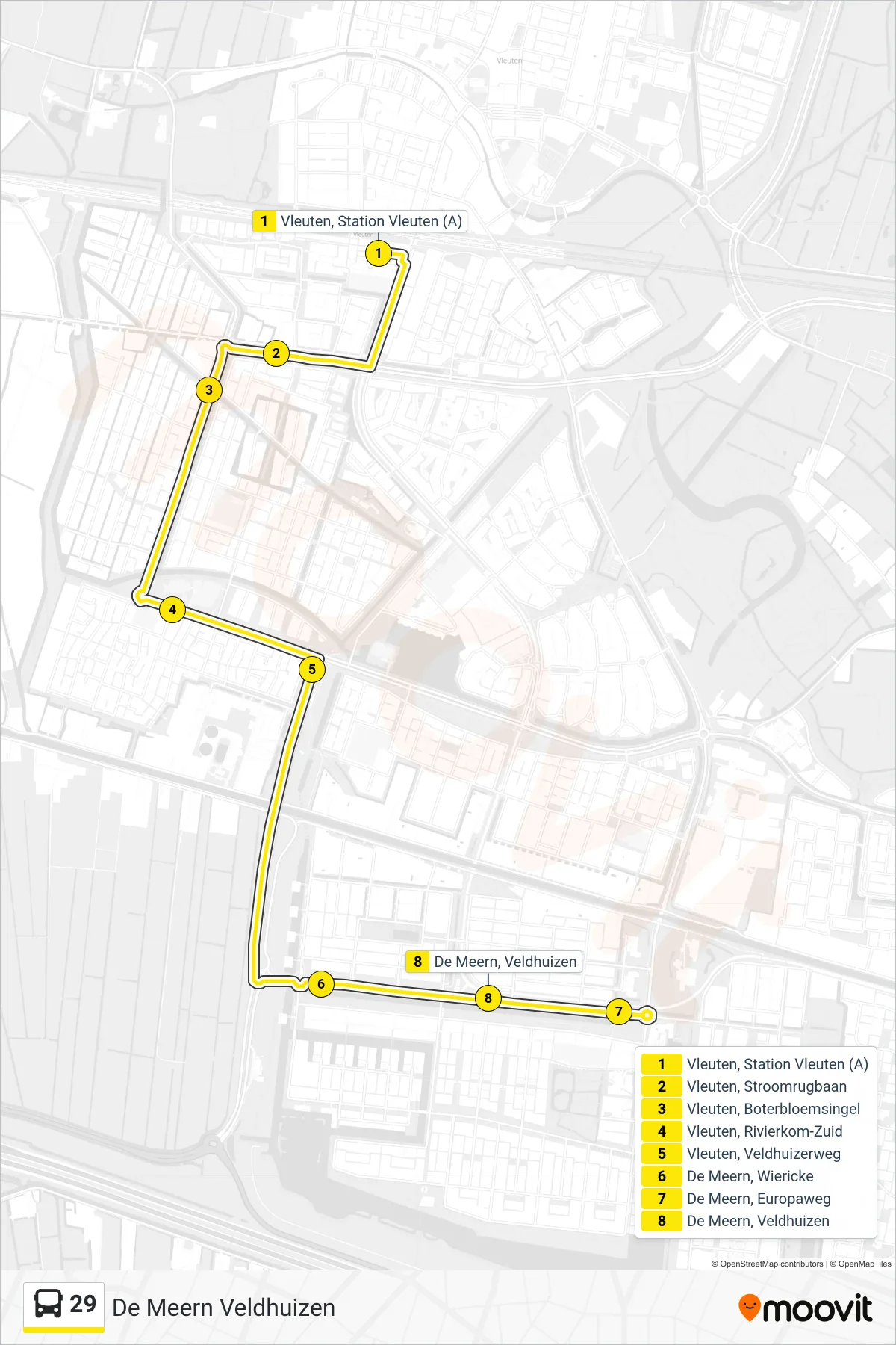 Lijn 29 (bus, De Meern Veldhuizen): route en haltes op de kaart