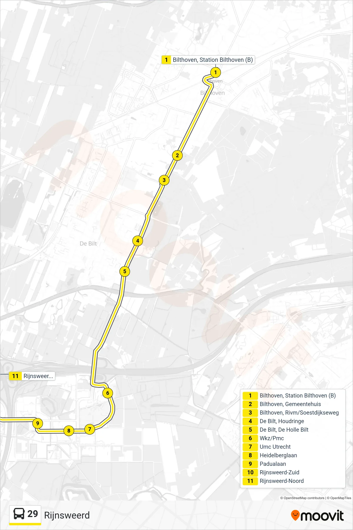 Lijn 29 (bus, Rijnsweerd): route en haltes op de kaart