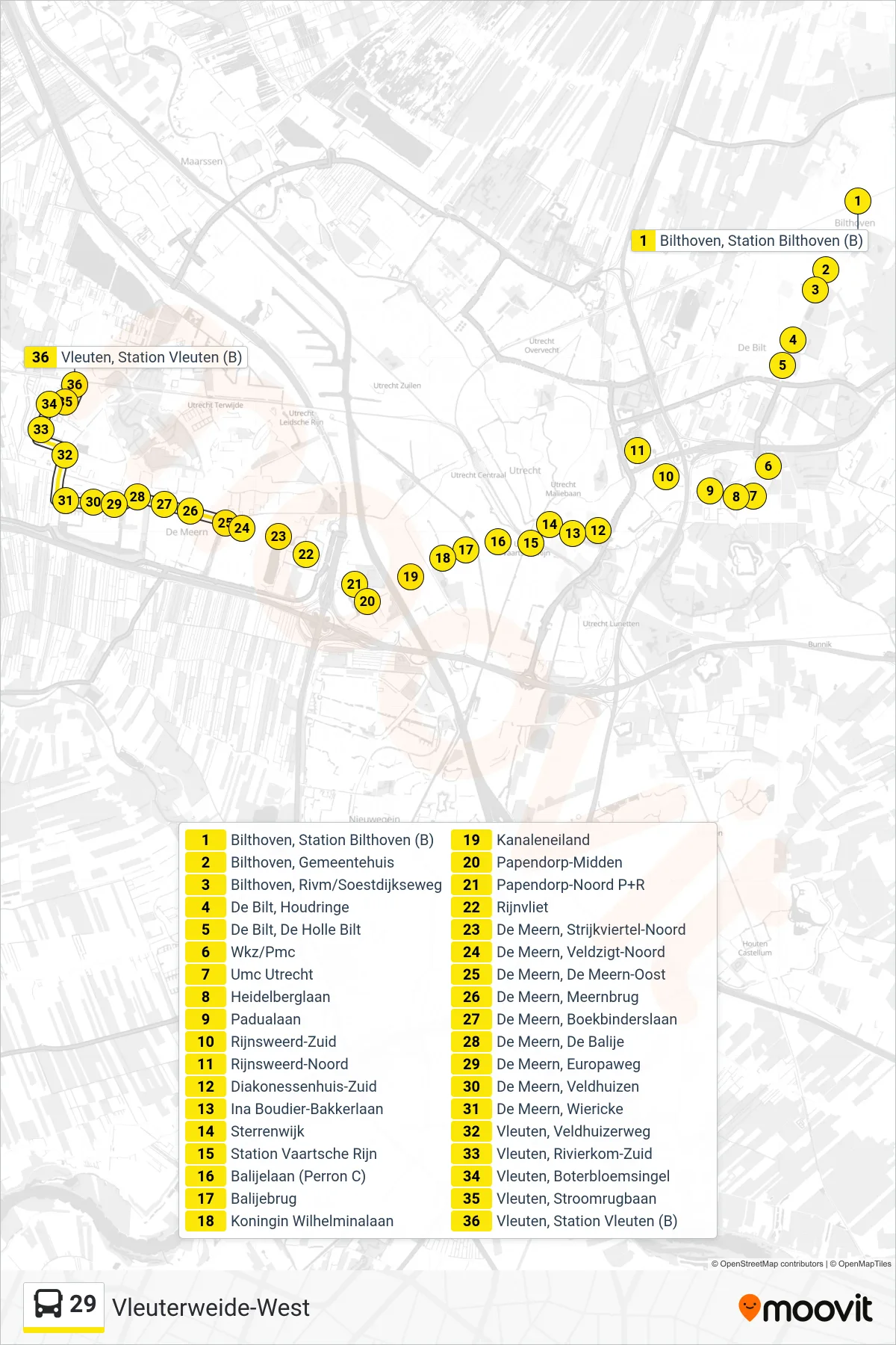 29 bus Line (Vleuterweide-West) route and stops on a map