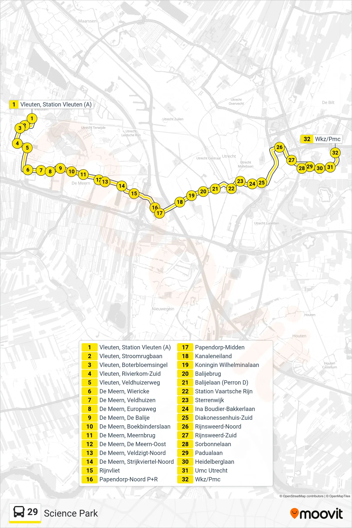 29 bus Line (Science Park) route and stops on a map