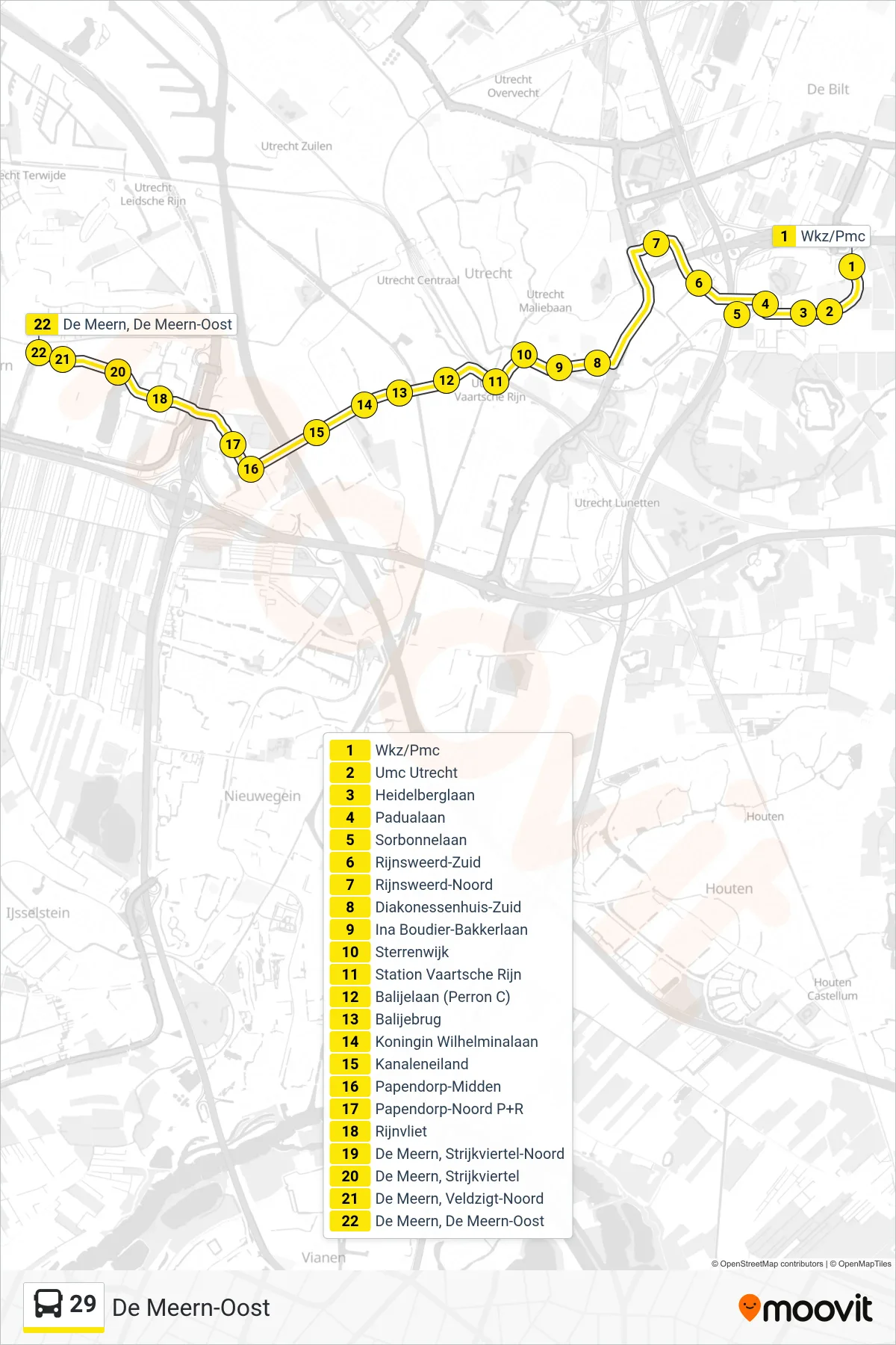 Lijn 29 (bus, De Meern-Oost): route en haltes op de kaart