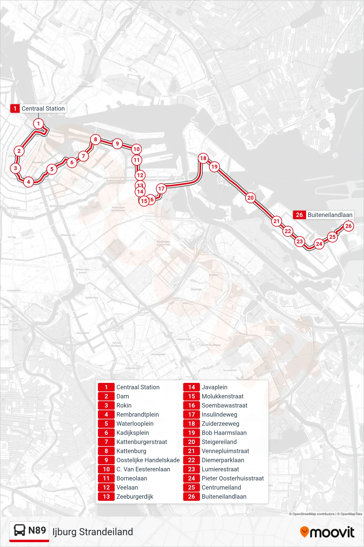 N89 bus Line (Ijburg Strandeiland) route and stops on a map