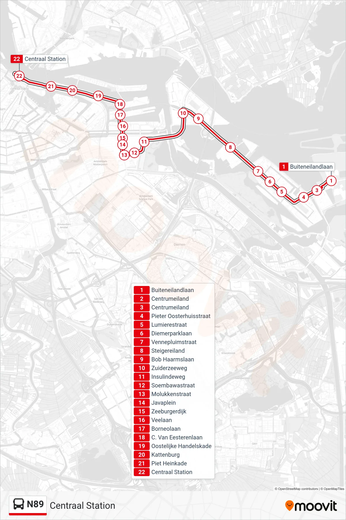 Lijn N89 (bus, Centraal Station): route en haltes op de kaart