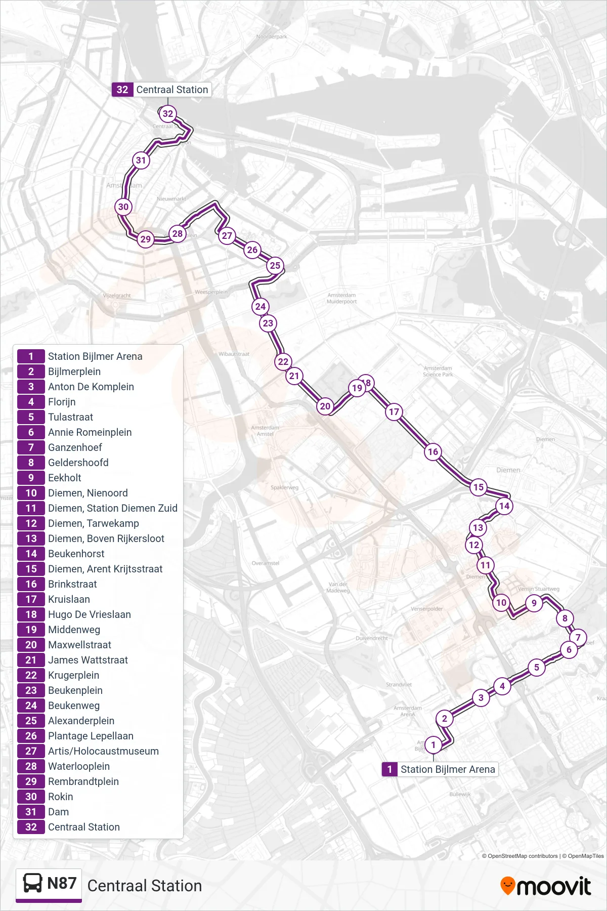 Lijn N87 (bus, Centraal Station): route en haltes op de kaart
