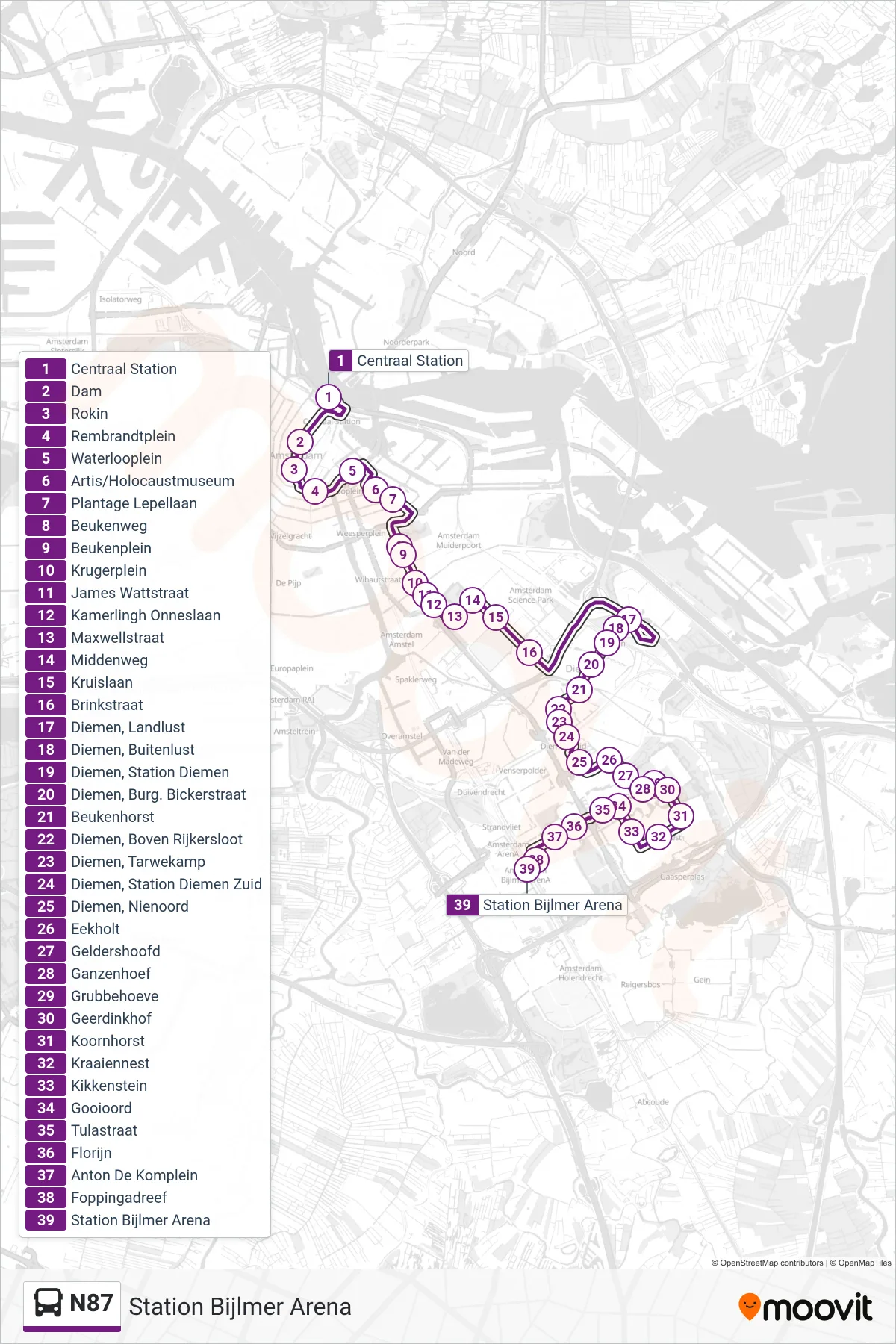 N87 bus Line (Station Bijlmer Arena) route and stops on a map