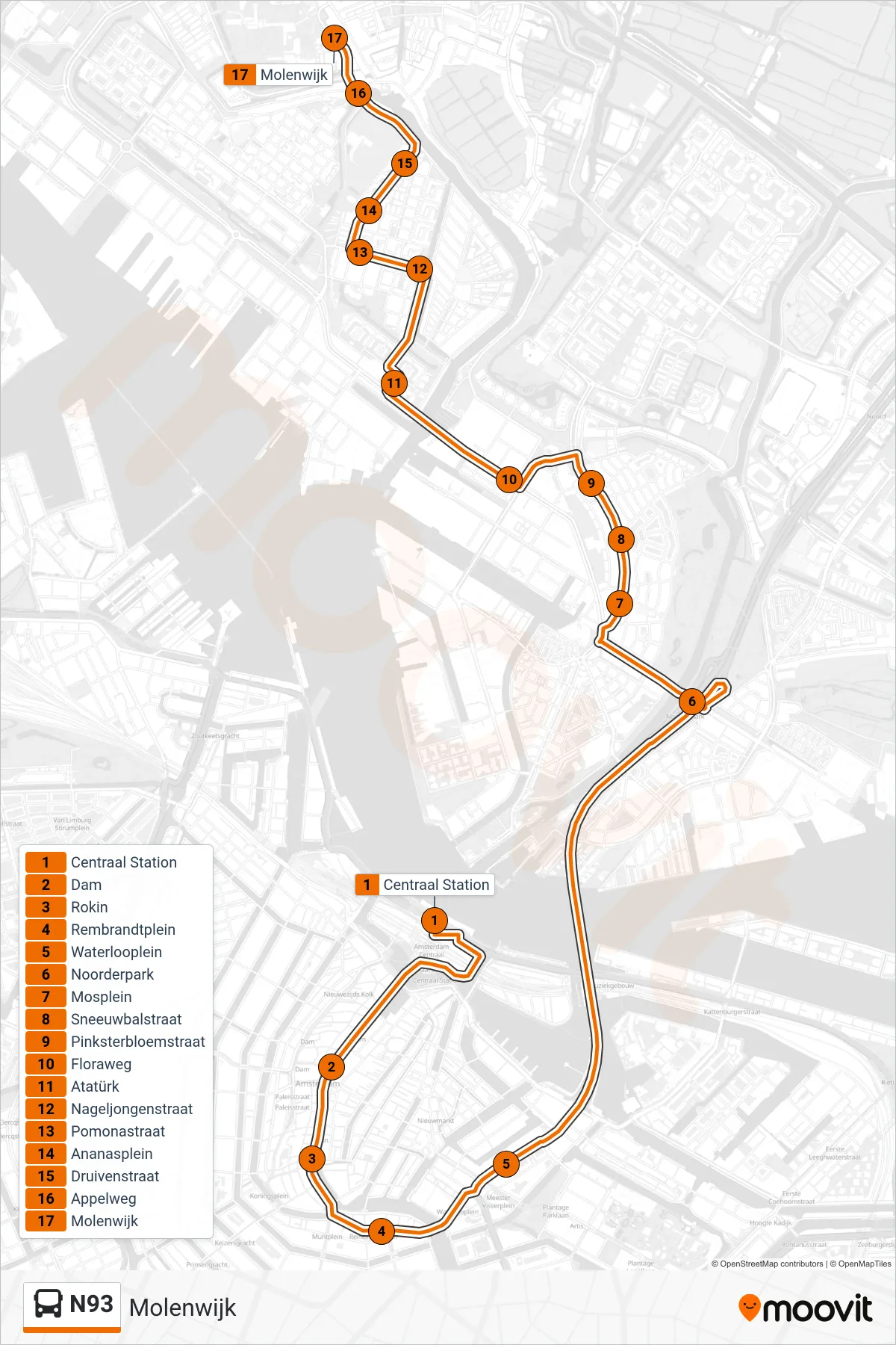 Lijn N93 (bus, Molenwijk): route en haltes op de kaart