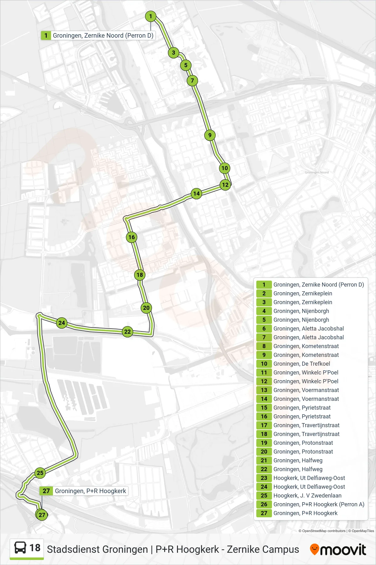 Lijn 18 (bus, P+R Hoogkerk): route en haltes op de kaart