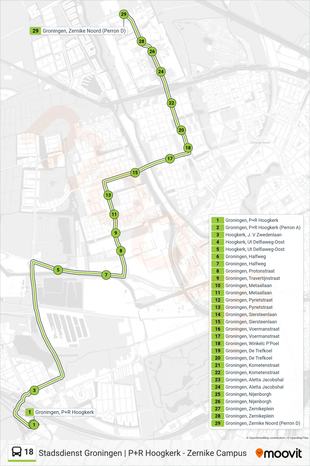 18 bus Line (Zernike Campus) route and stops on a map
