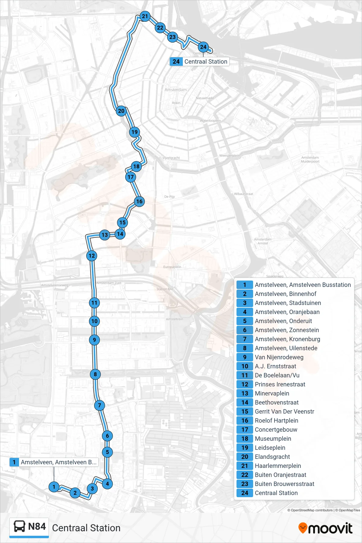 N84 bus Line (Centraal Station) route and stops on a map