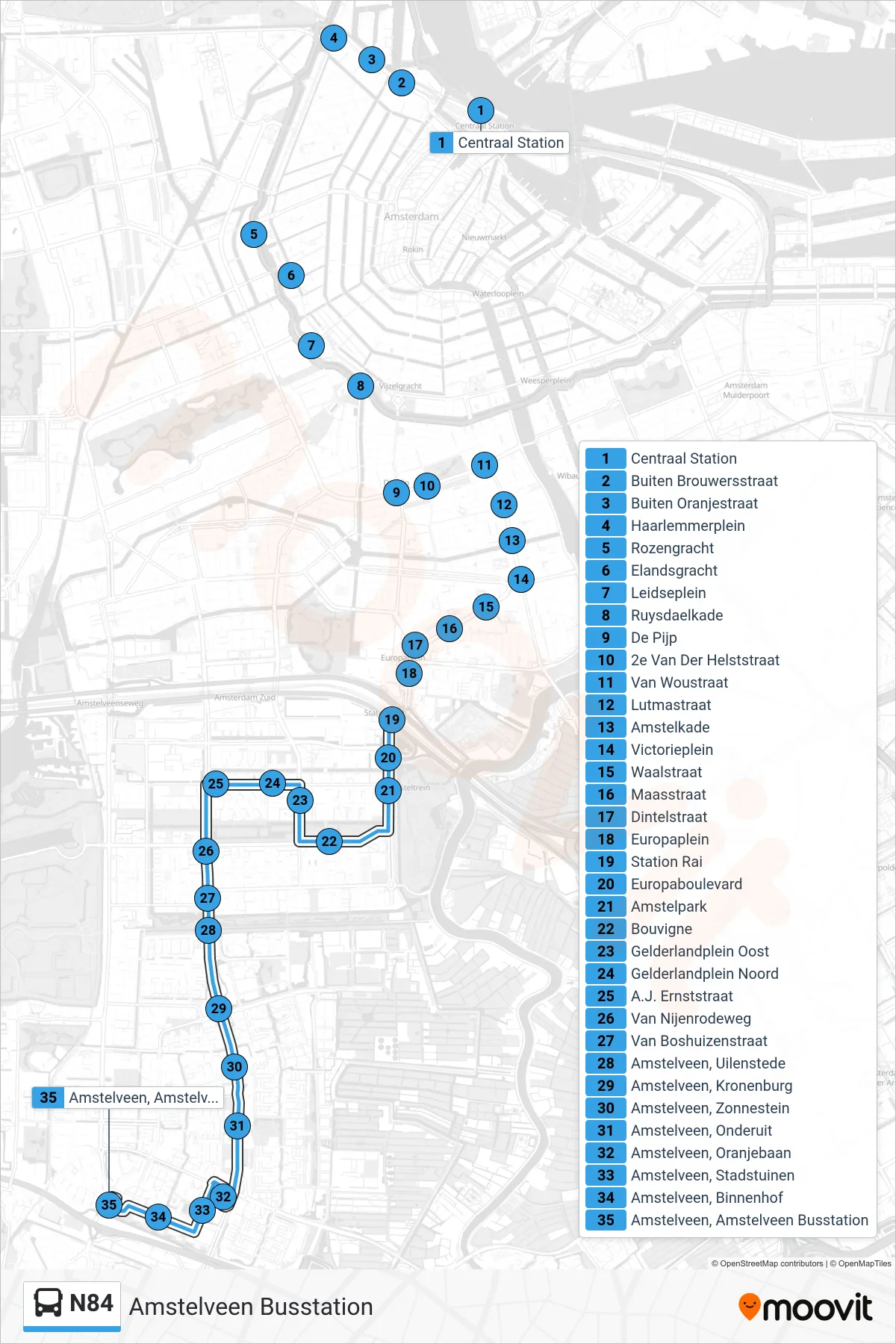 Lijn N84 (bus, Amstelveen Busstation): route en haltes op de kaart