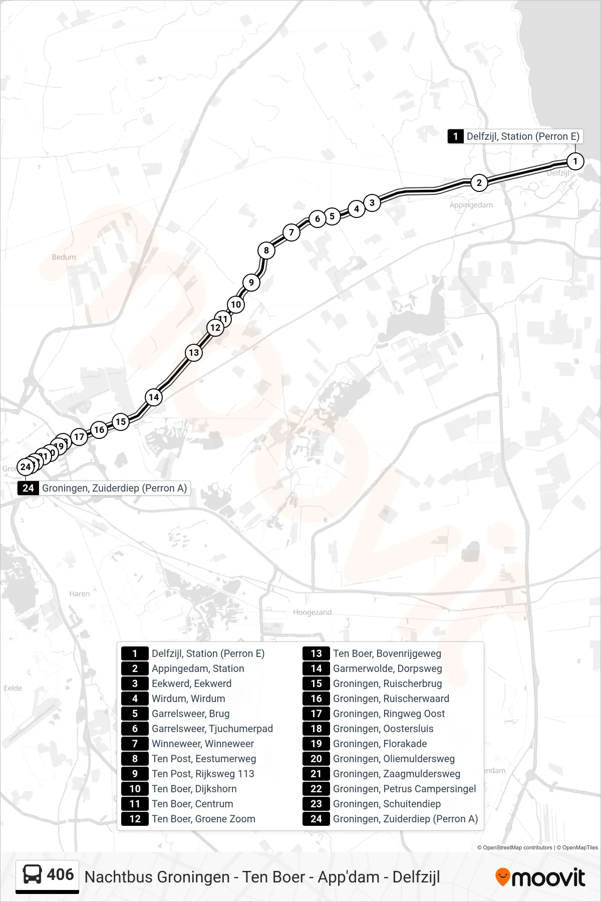 Lijn 406 (bus, Groningen Centrum): route en haltes op de kaart