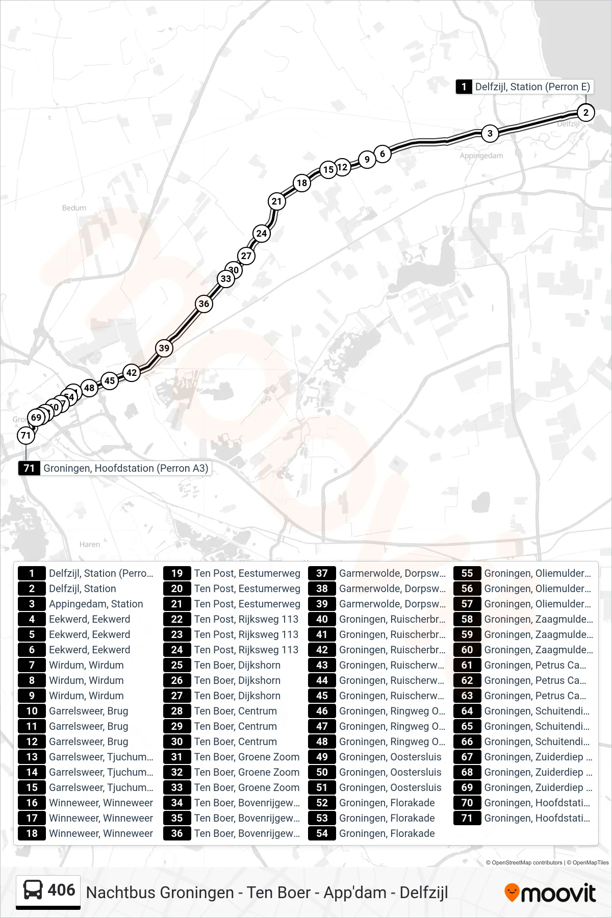 Lijn 406 (bus, Groningen): route en haltes op de kaart