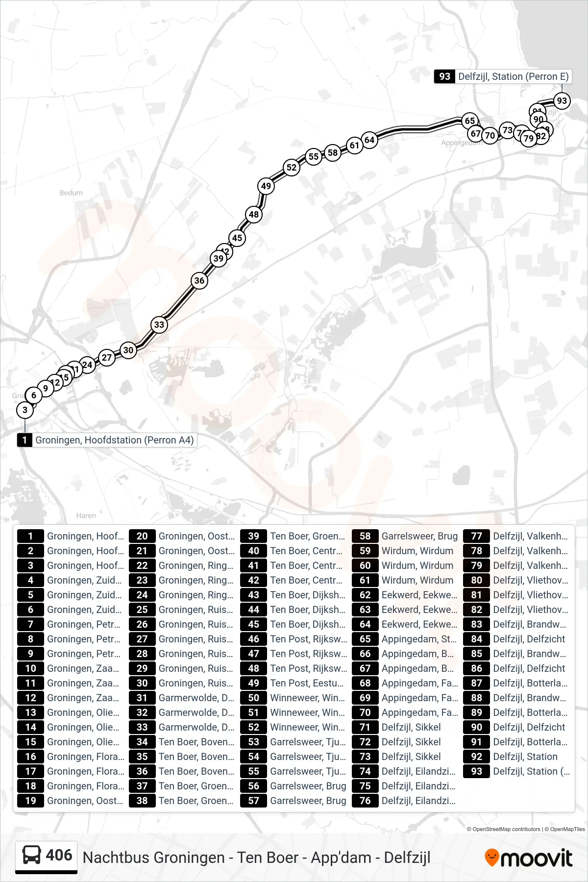 406 bus Line (Delfzijl Via) route and stops on a map