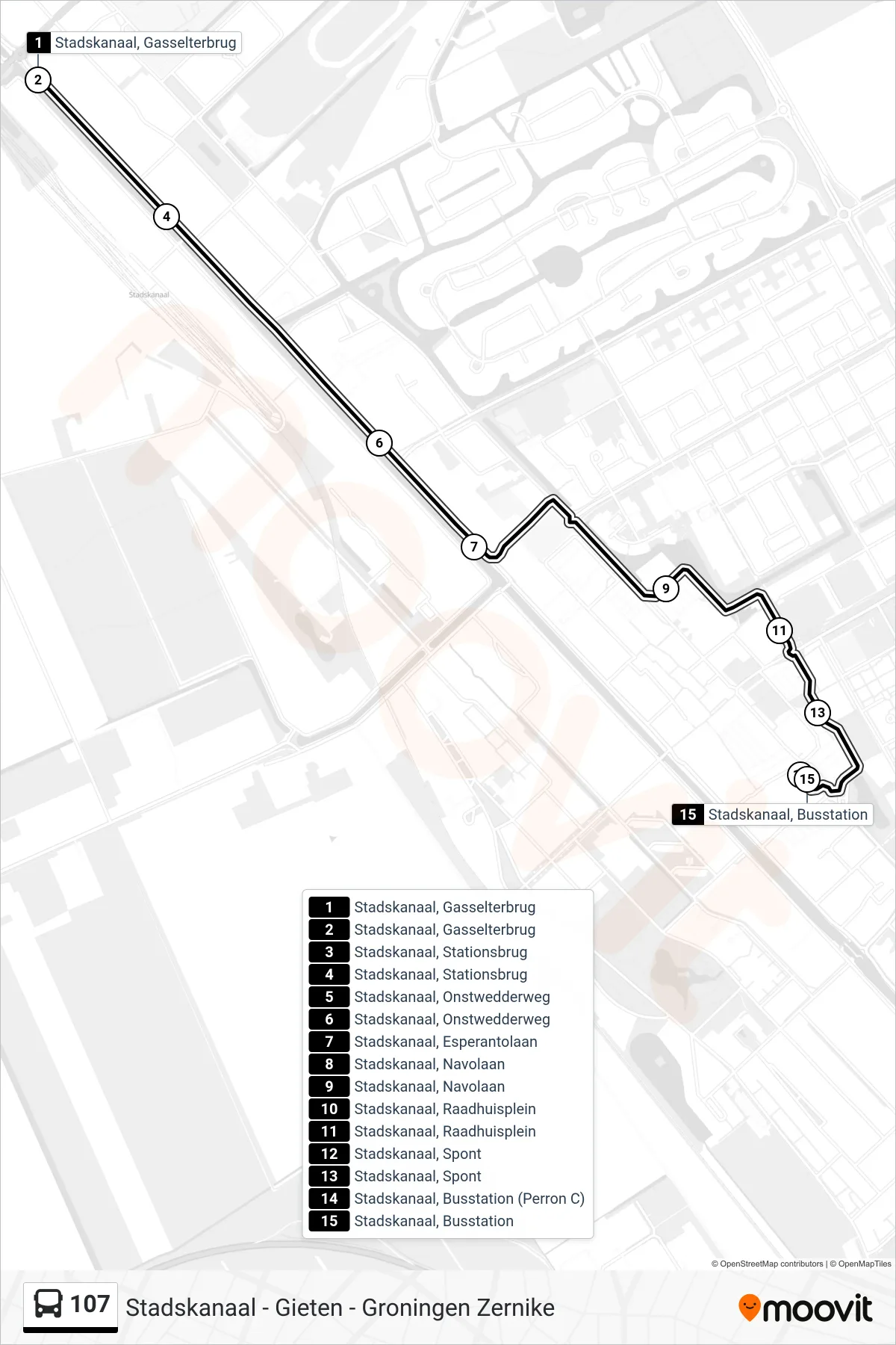 Lijn 107 (bus, Busstation): route en haltes op de kaart