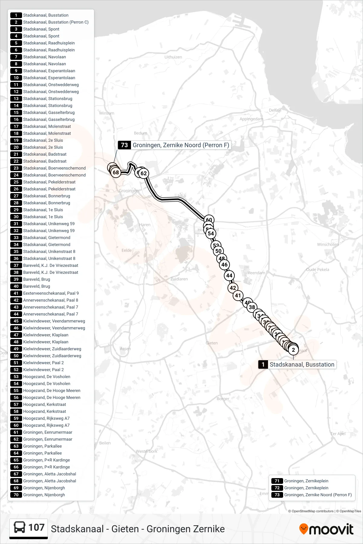 107 bus Line (Groningen Zernike) route and stops on a map