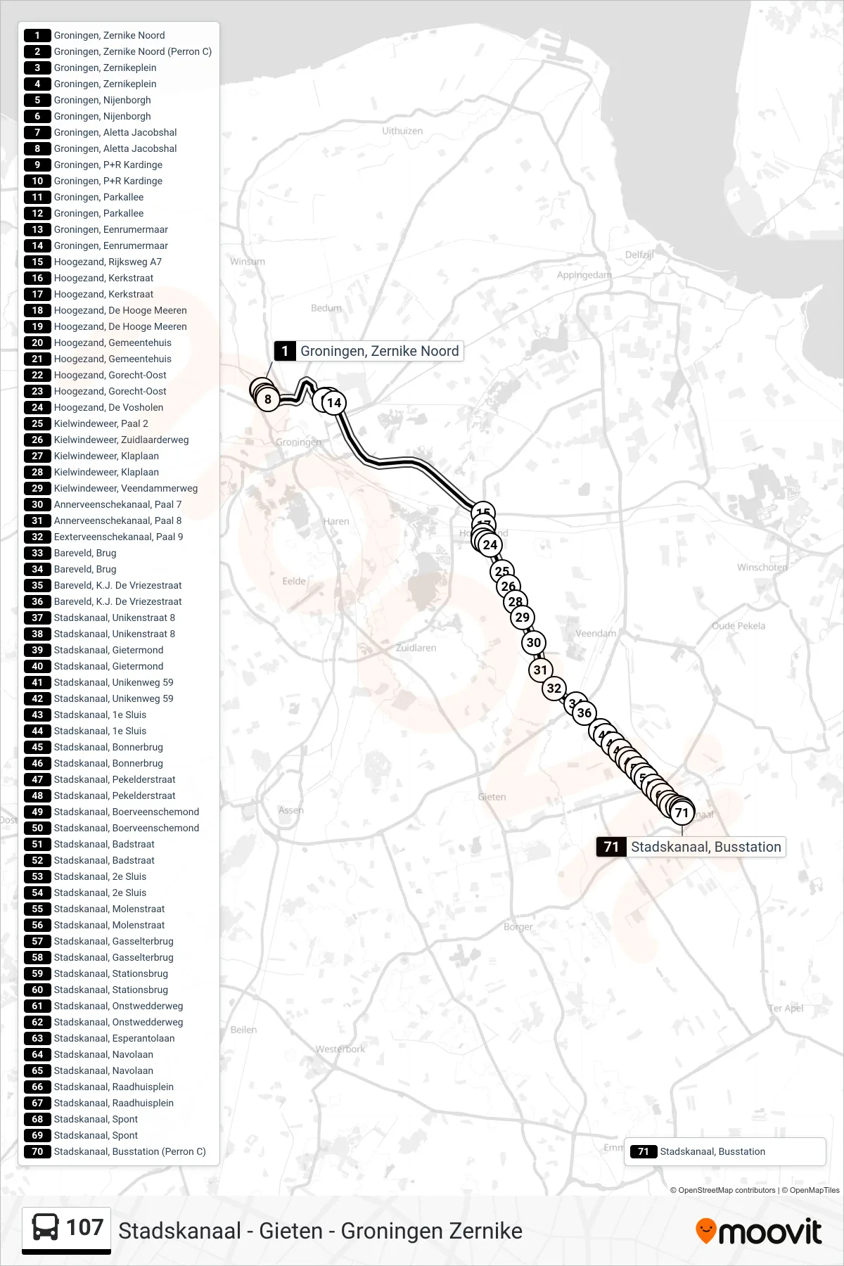 107 bus Line (Stadskanaal) route and stops on a map