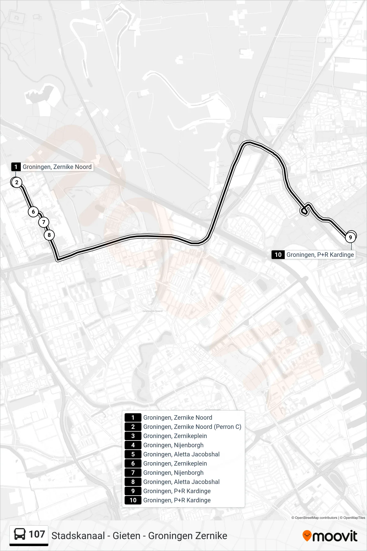 Lijn 107 (bus, P+R Kardinge): route en haltes op de kaart