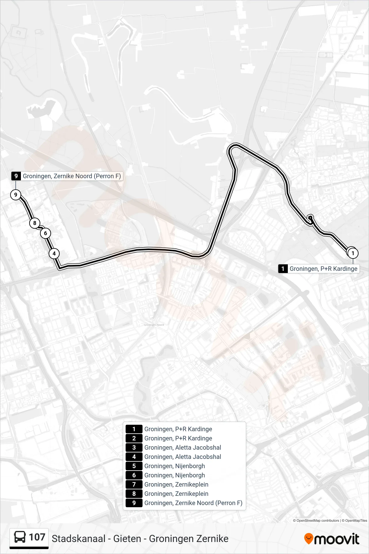 107 bus Line (Zernike Campus) route and stops on a map