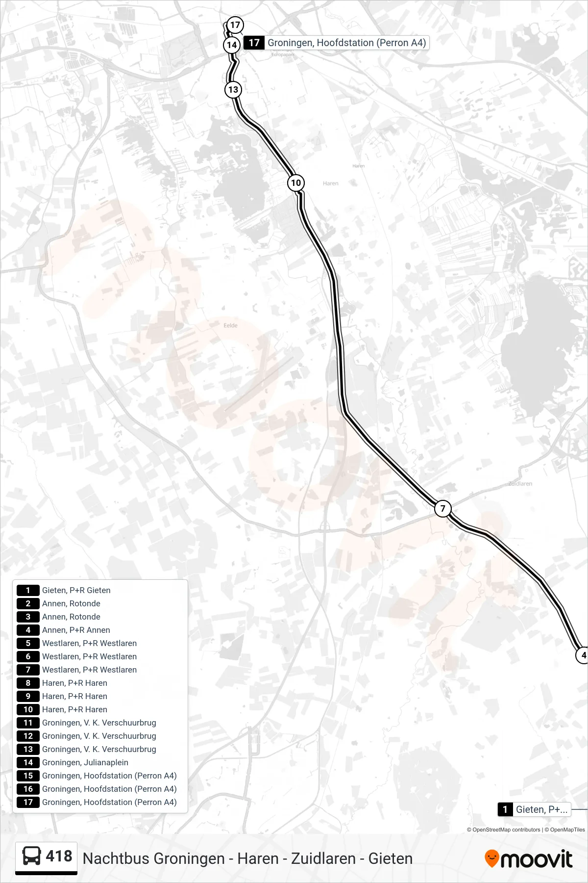 Lijn 418 (bus, Groningen Hs): route en haltes op de kaart