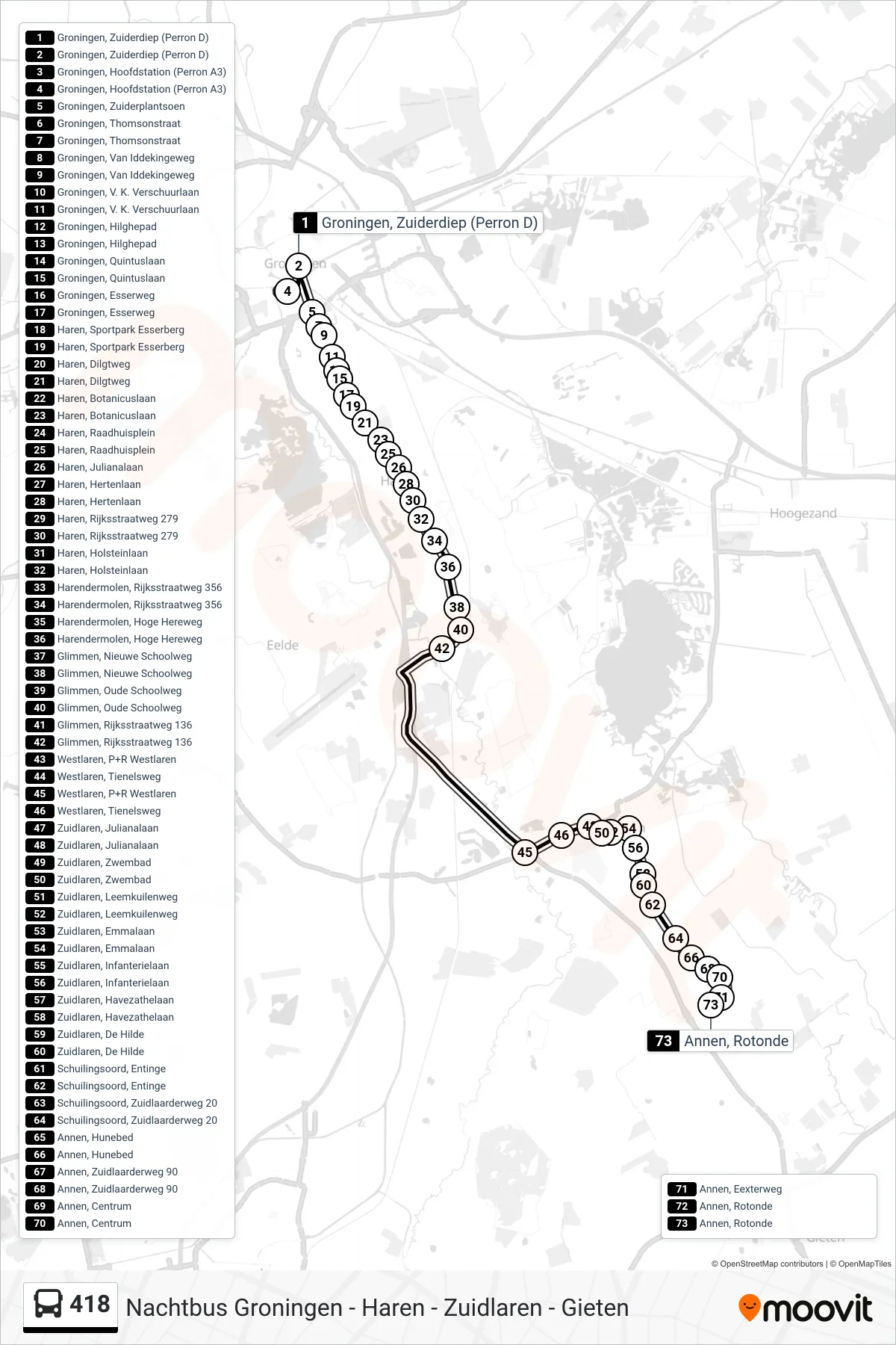 Lijn 418 (bus, Annen): route en haltes op de kaart