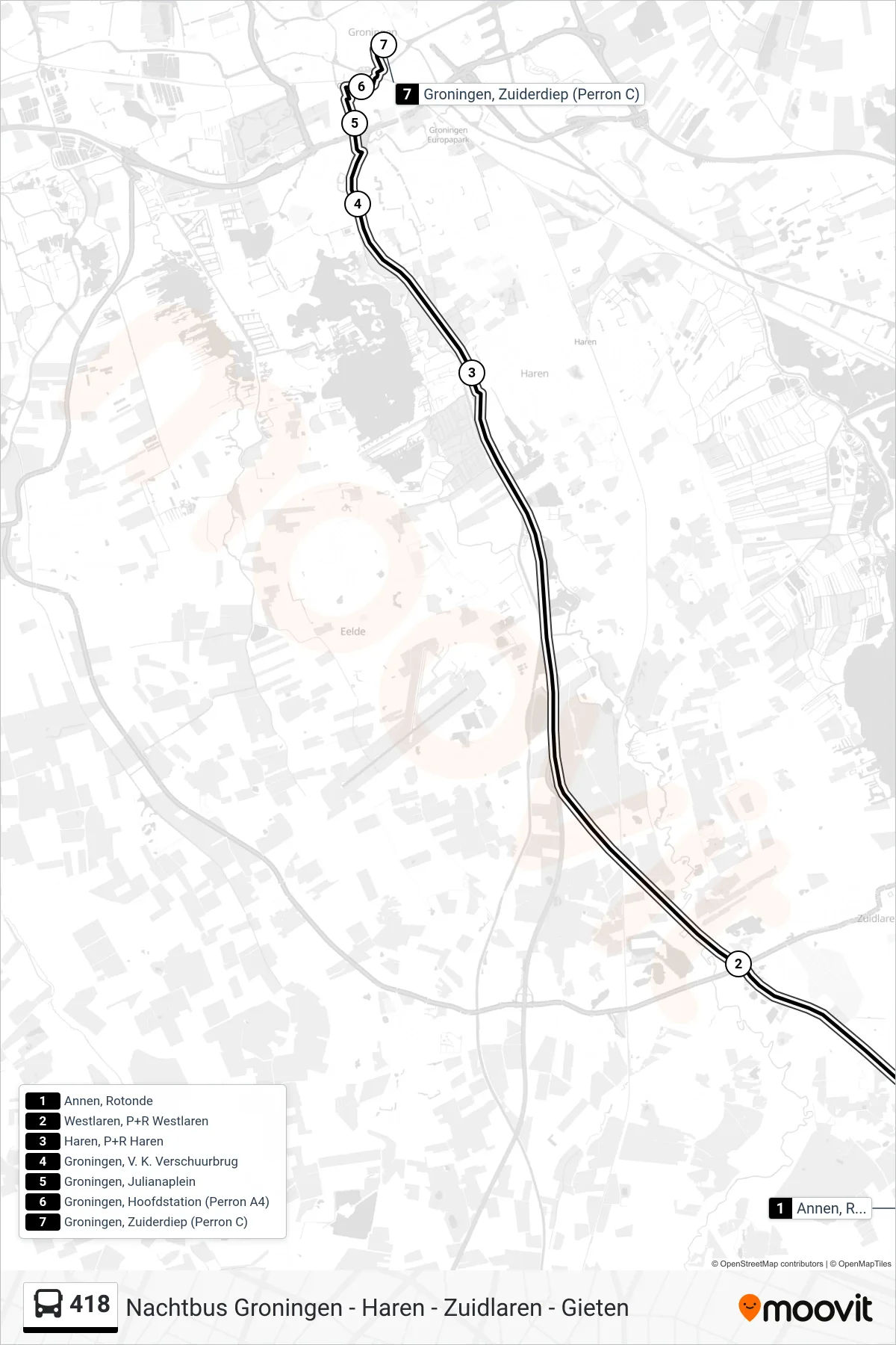 Lijn 418 (bus, Groningen Centrum): route en haltes op de kaart