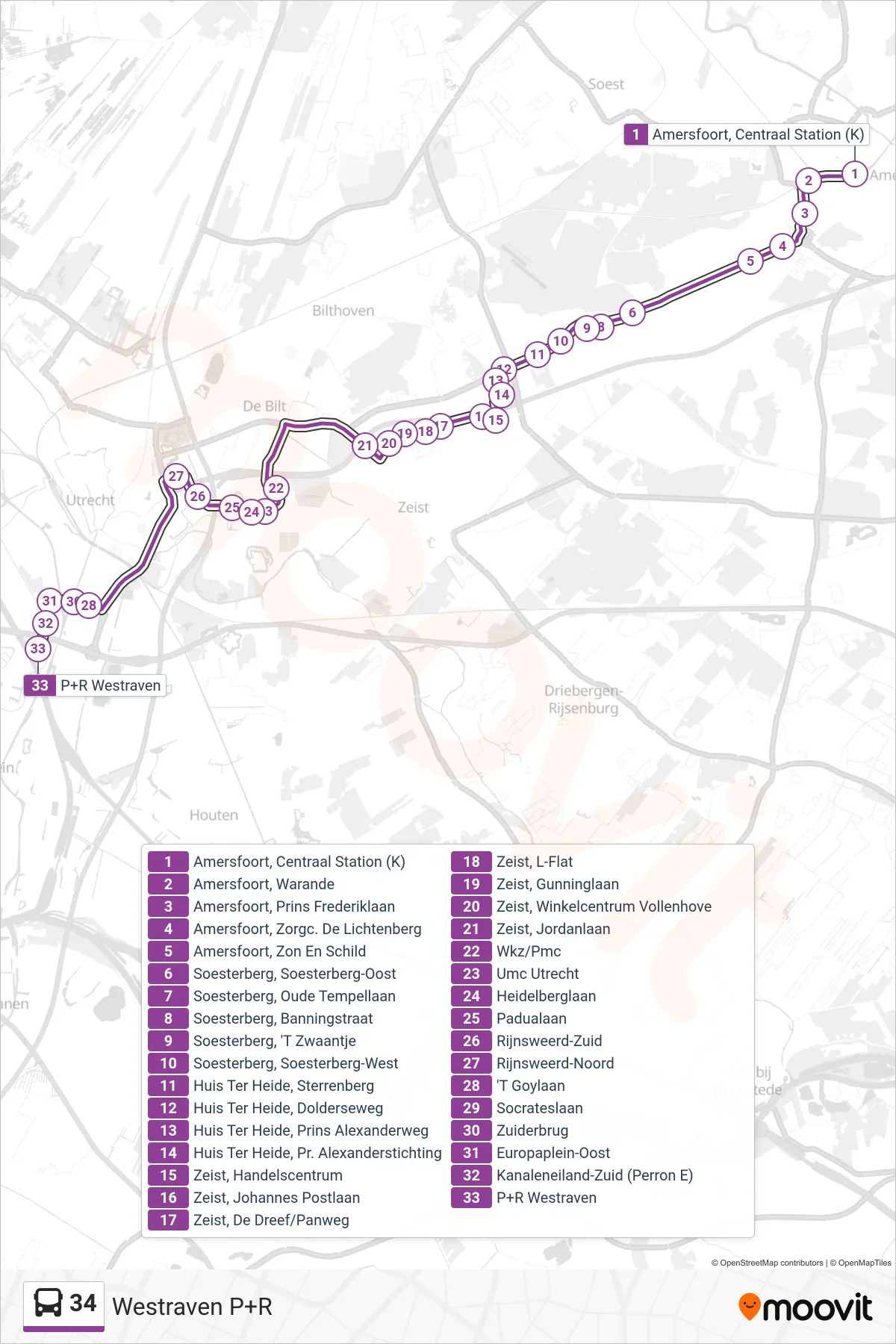 Lijn 34 (bus, Westraven P+R): route en haltes op de kaart