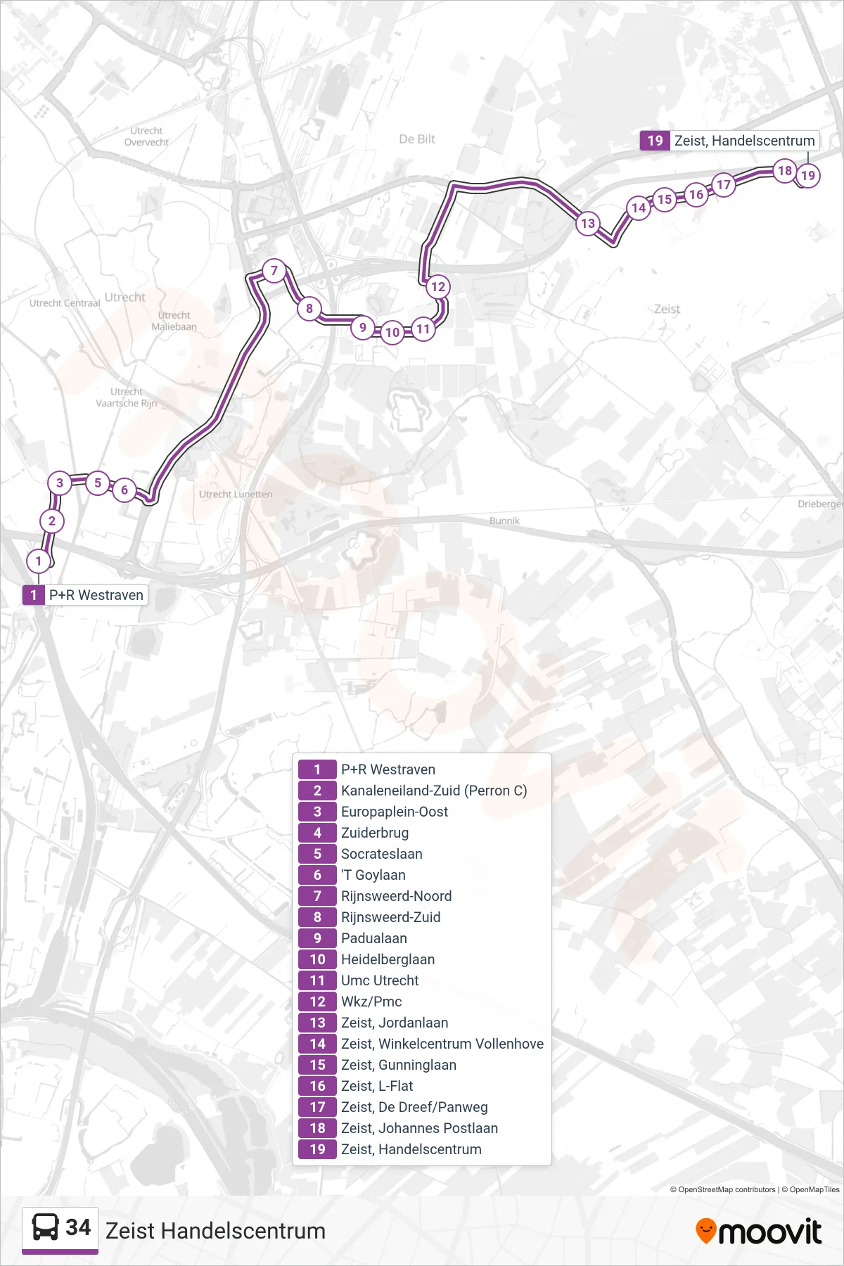 Lijn 34 (bus, Zeist Handelscentrum): route en haltes op de kaart