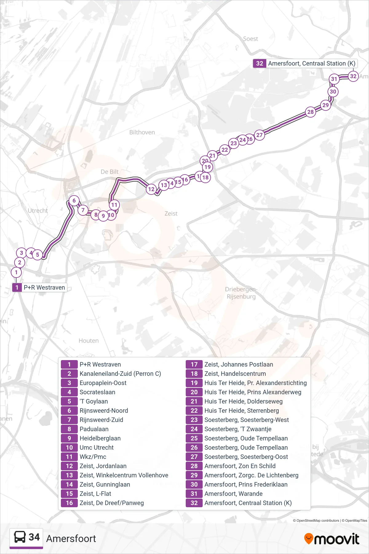 Lijn 34 (bus, Amersfoort): route en haltes op de kaart