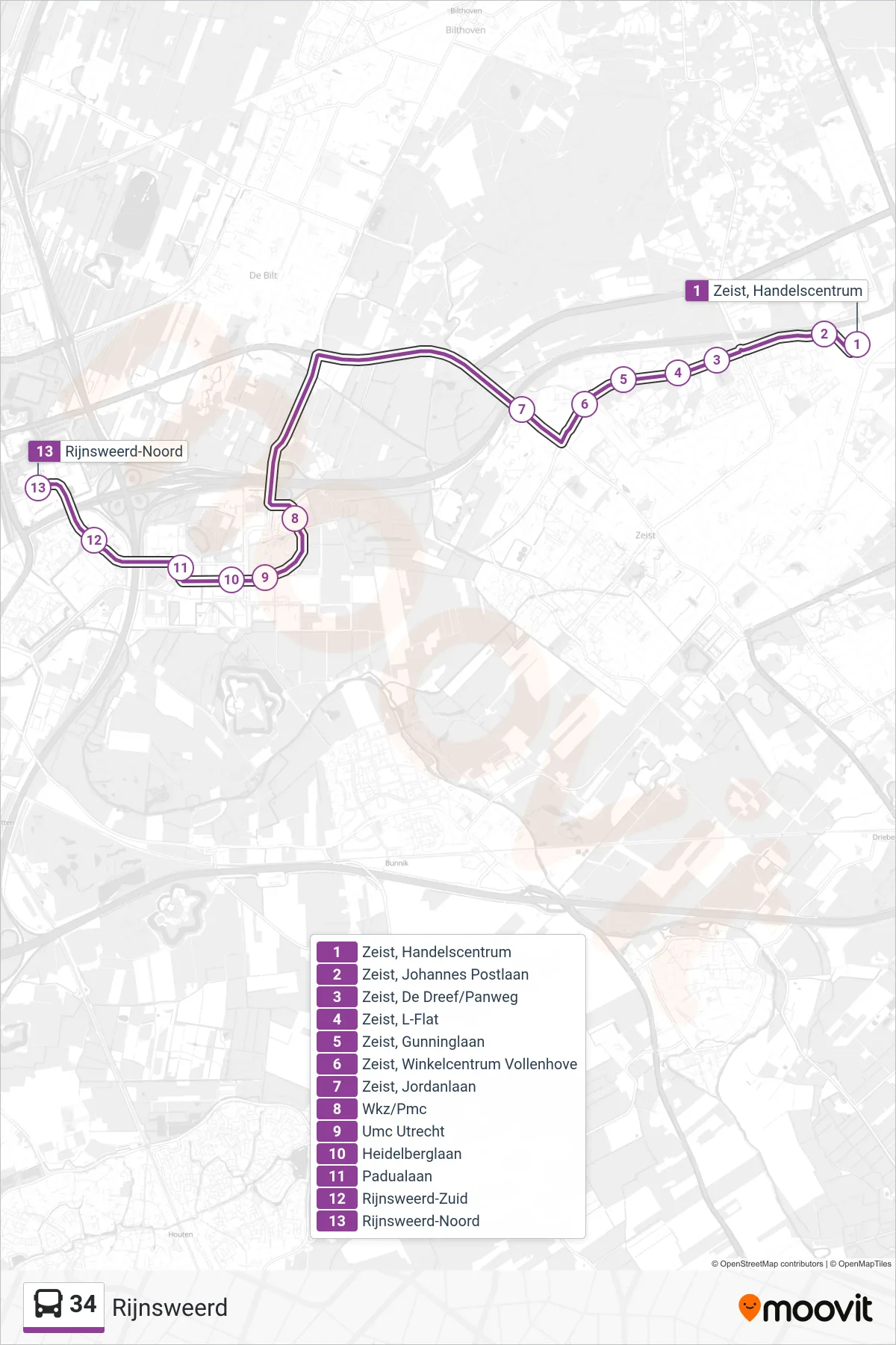 Lijn 34 (bus, Rijnsweerd): route en haltes op de kaart