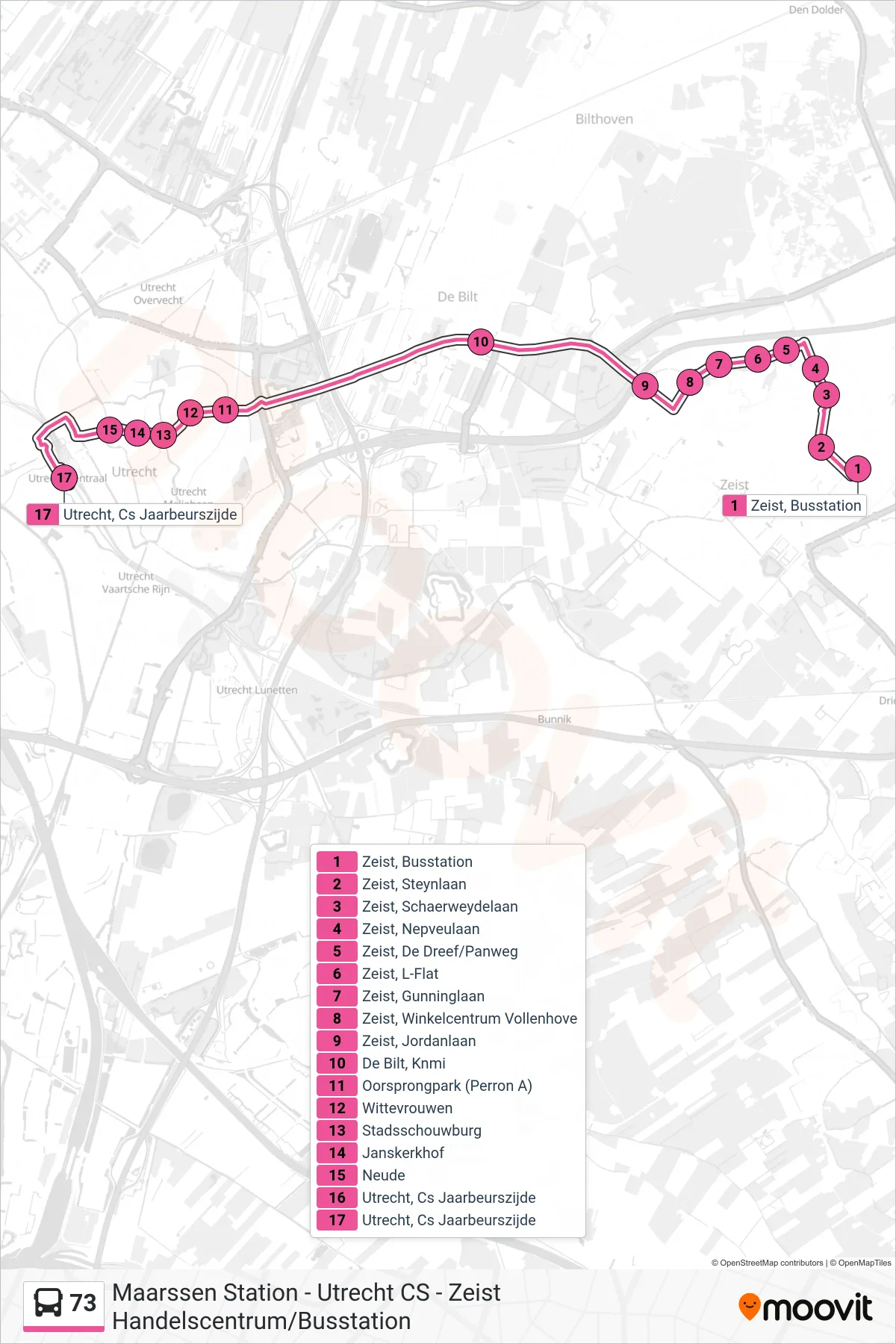 Lijn 73 (bus, Utrecht Cs): route en haltes op de kaart
