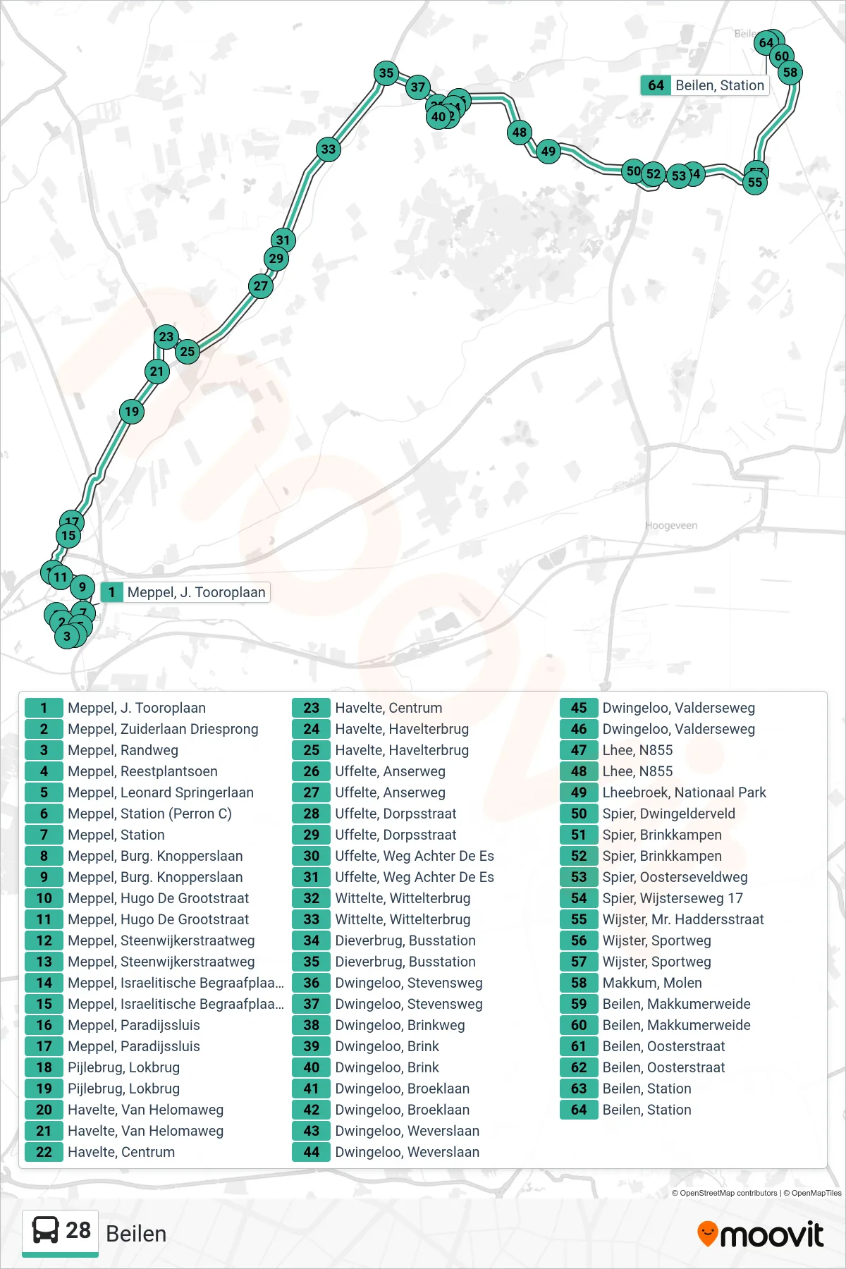 Lijn 28 (bus, Beilen): route en haltes op de kaart