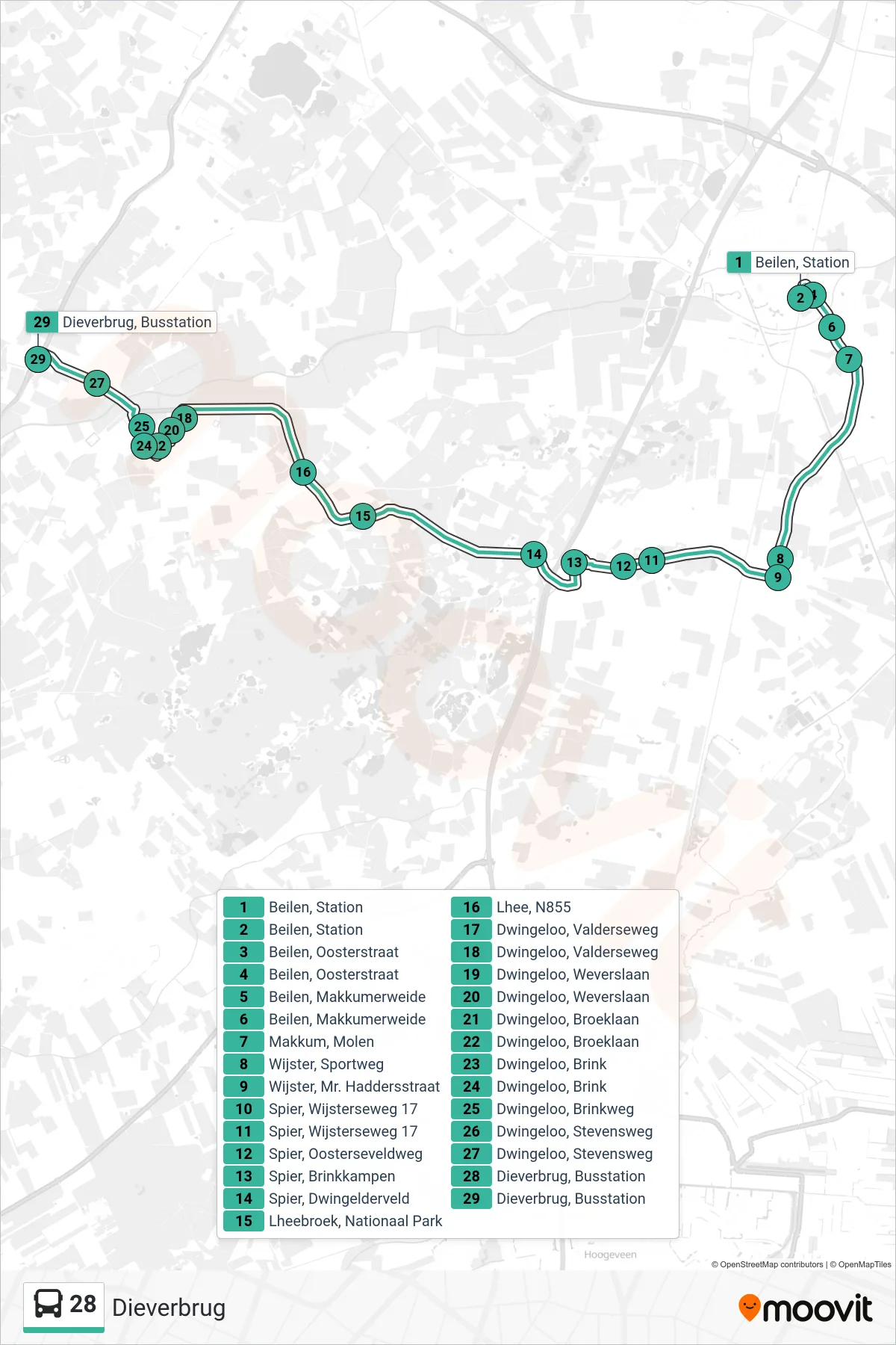 28 bus Line (Dieverbrug) route and stops on a map