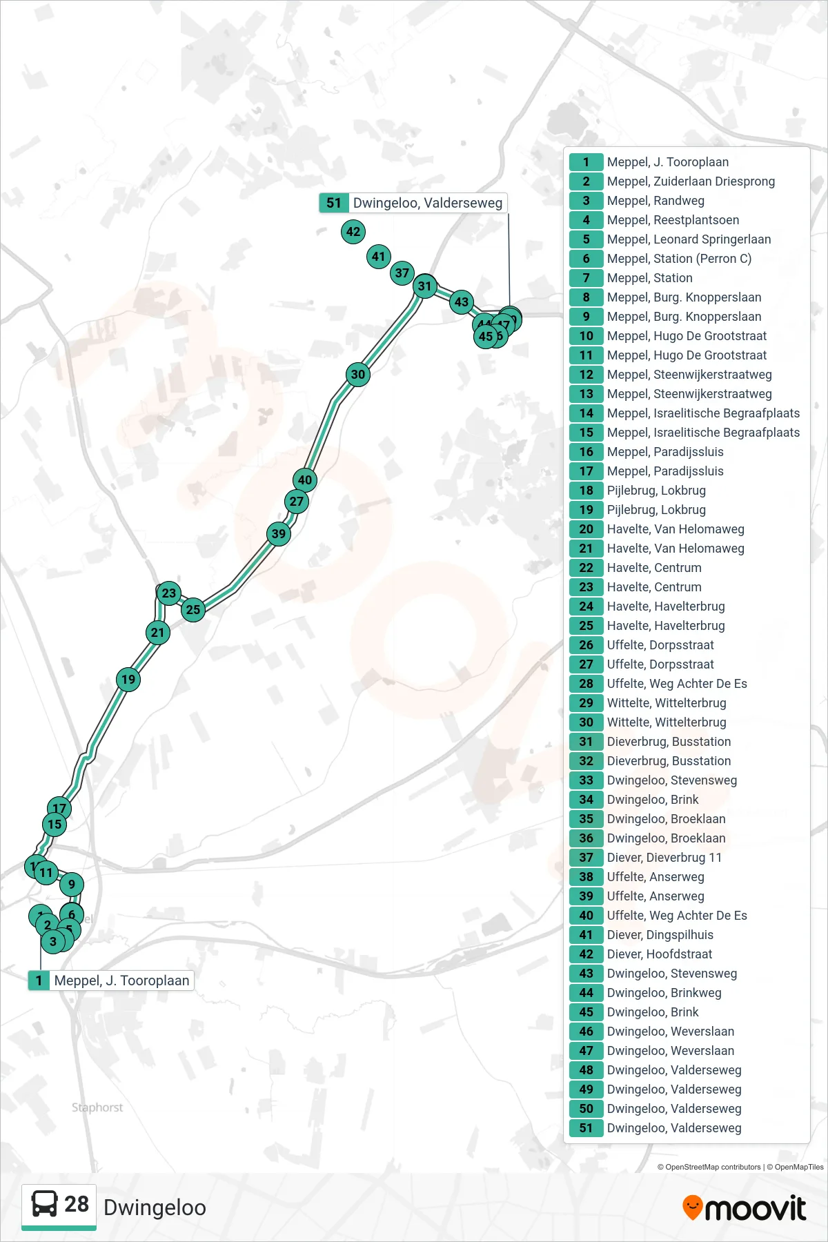 Lijn 28 (bus, Dwingeloo): route en haltes op de kaart