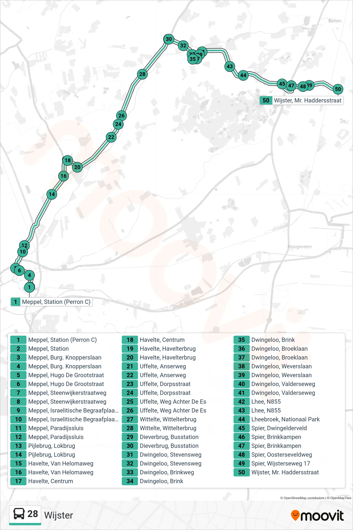 Lijn 28 (bus, Wijster): route en haltes op de kaart