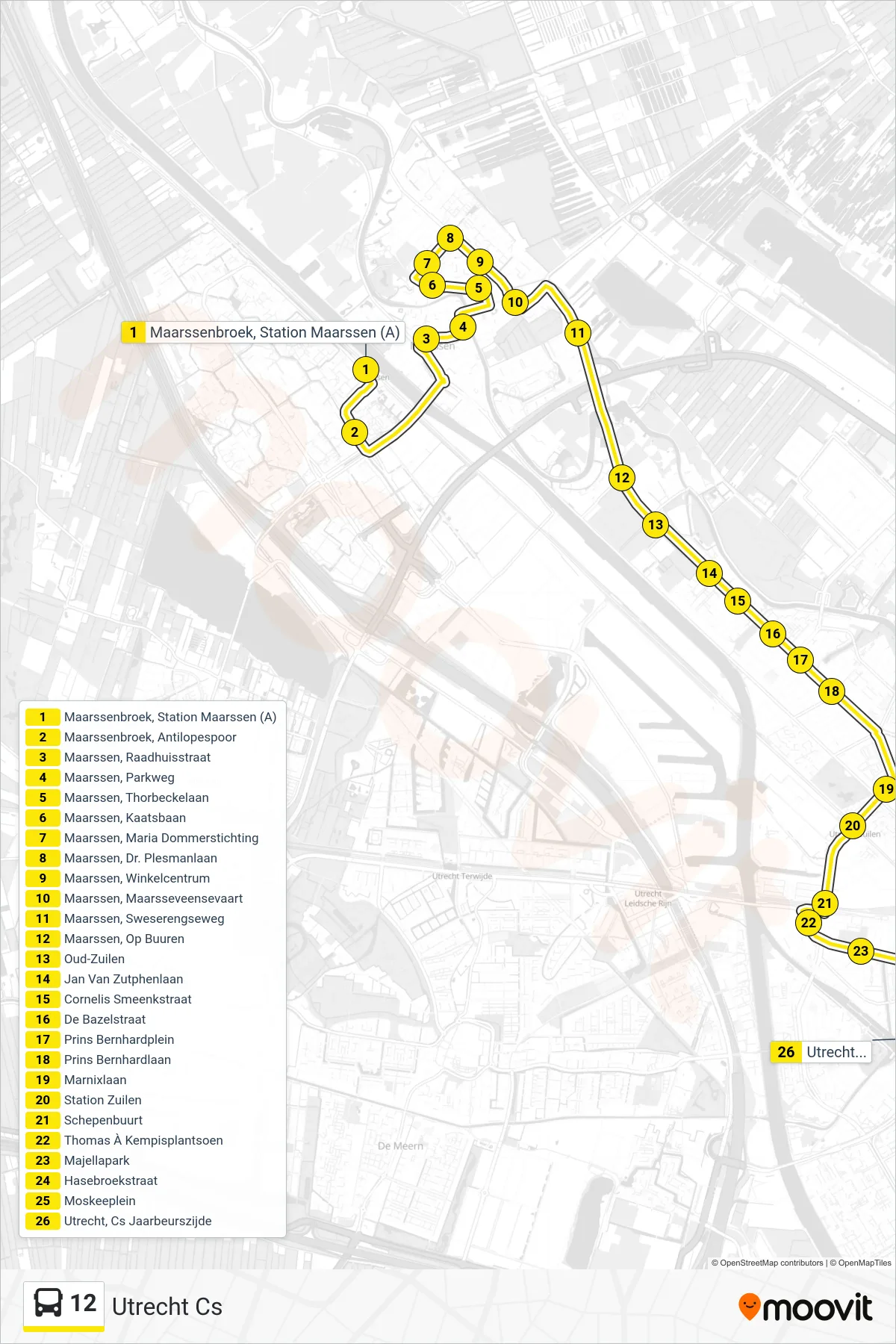 Lijn 12 (bus, Utrecht Cs): route en haltes op de kaart