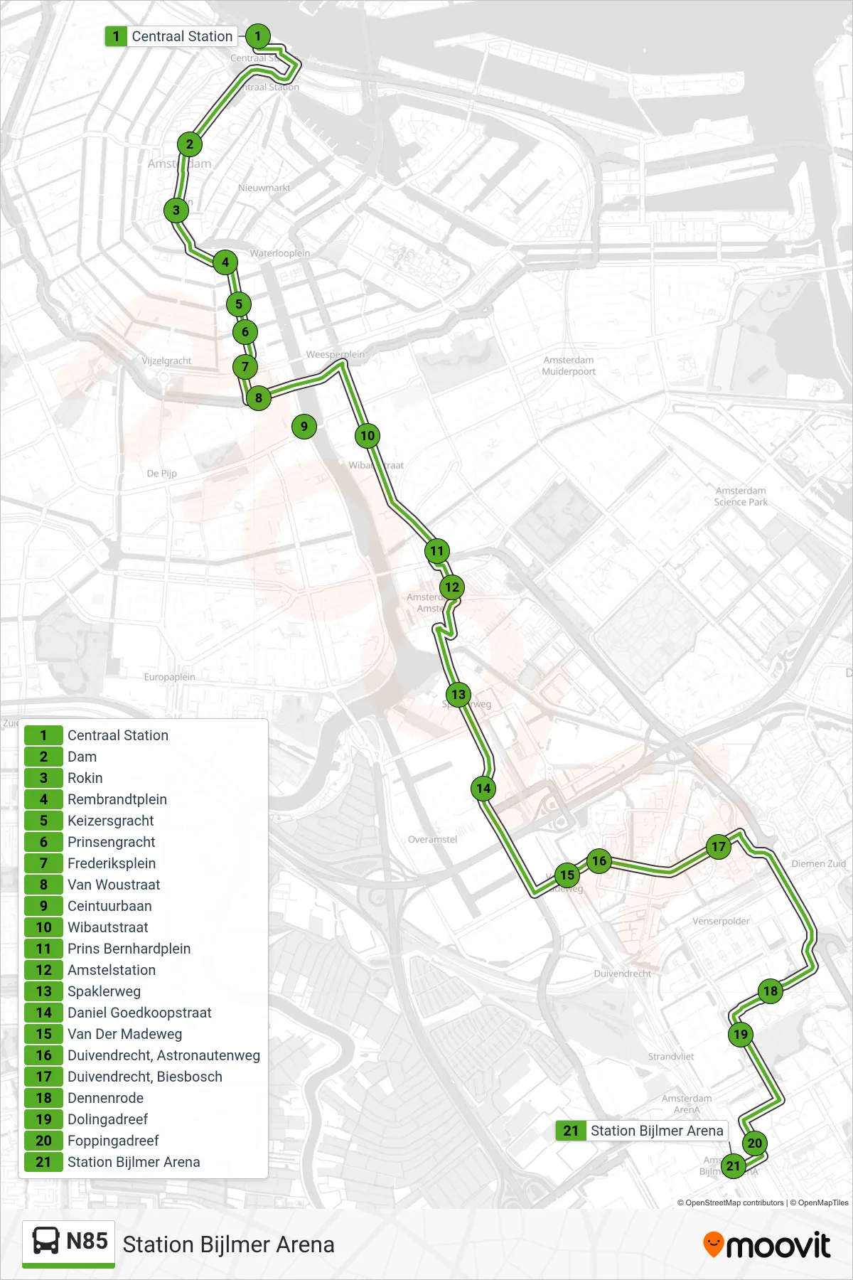 Lijn N85 (bus, Station Bijlmer Arena): route en haltes op de kaart