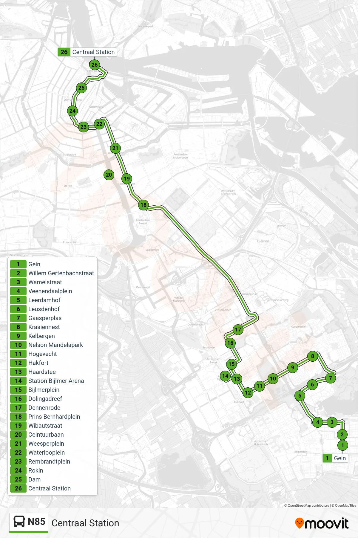 N85 bus Line (Centraal Station) route and stops on a map