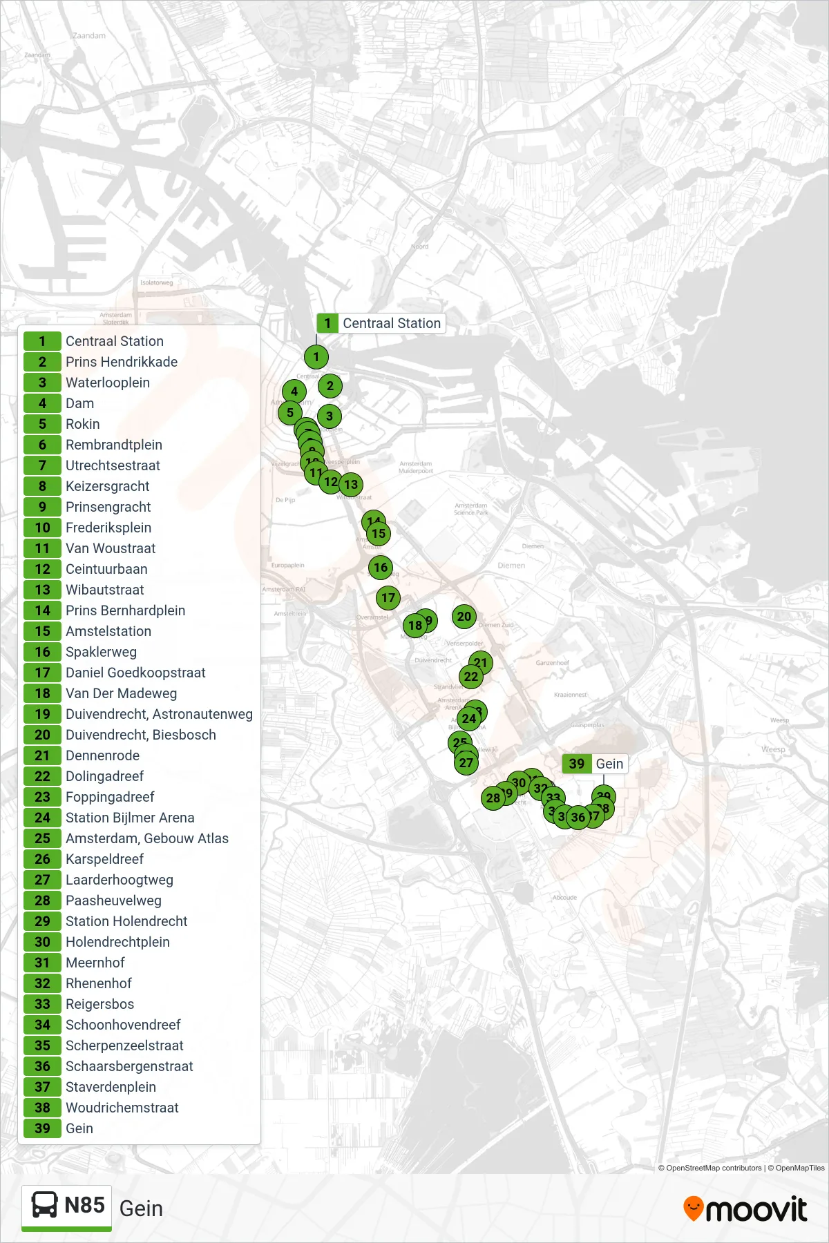 N85 bus Line (Gein) route and stops on a map