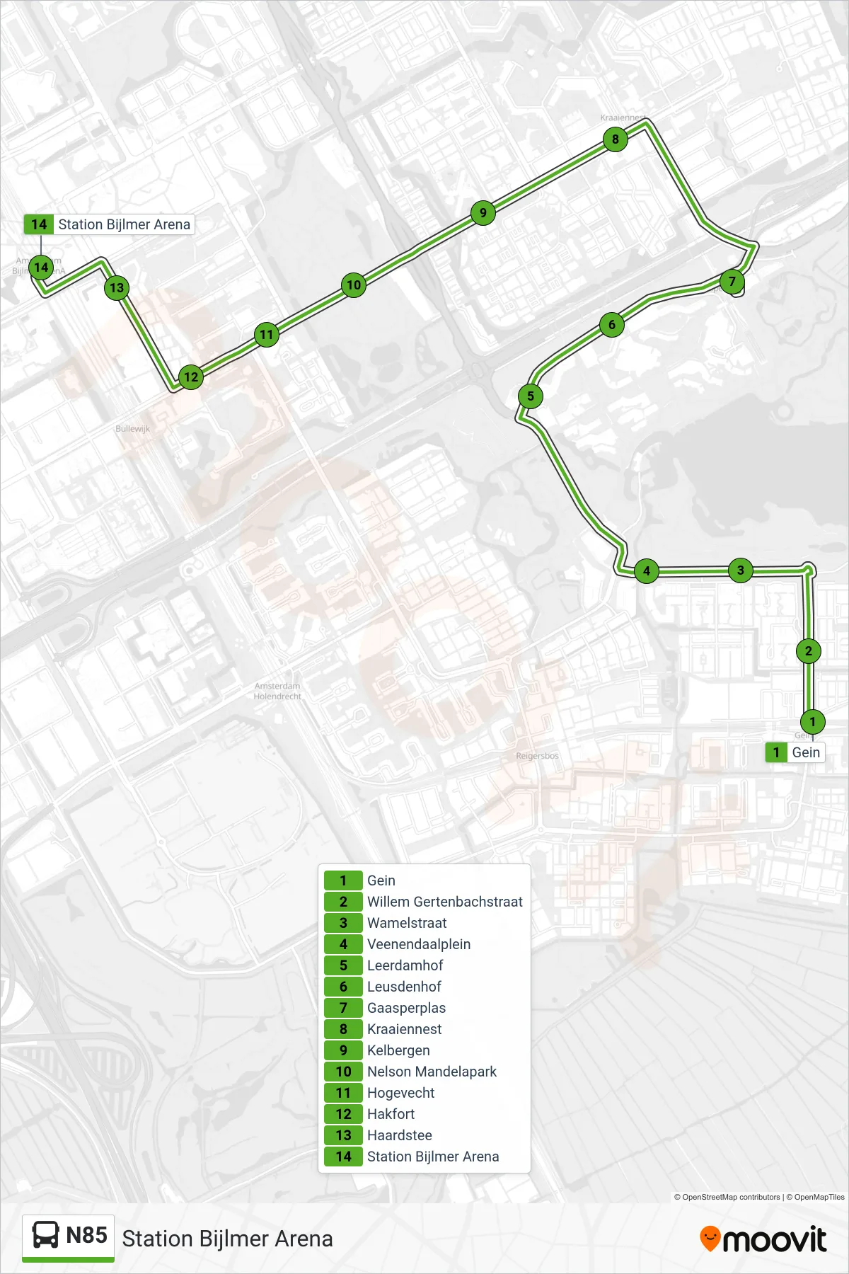 Lijn N85 (bus, Station Bijlmer Arena): route en haltes op de kaart