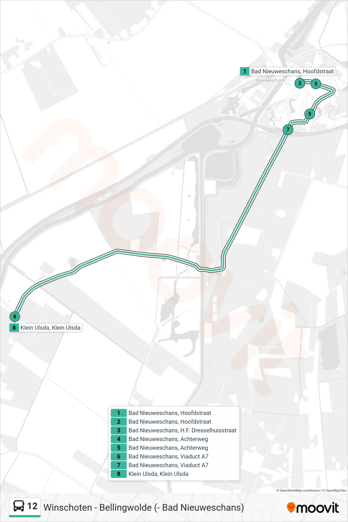 Lijn 12 (bus, Klein Ulsda): route en haltes op de kaart