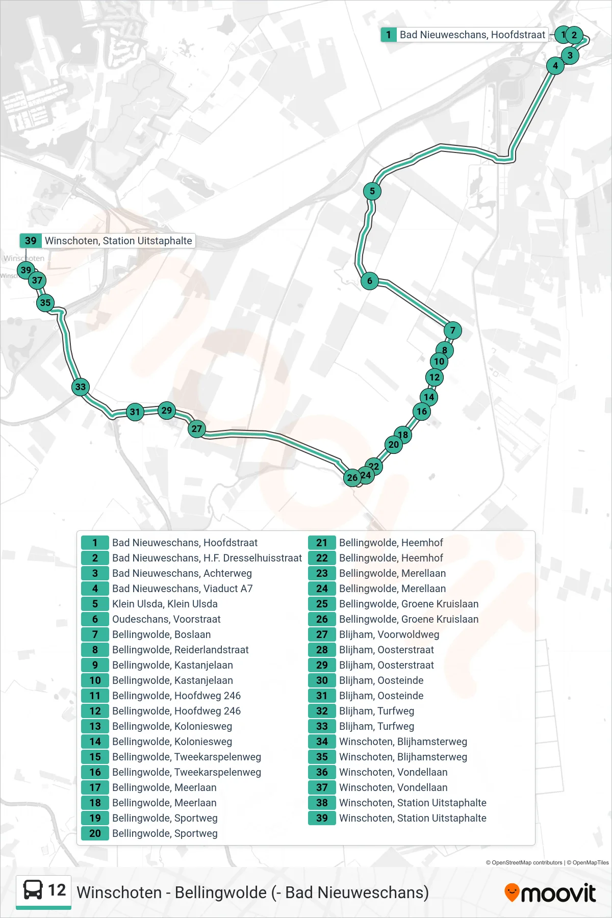 12 bus Line (Winschoten) route and stops on a map
