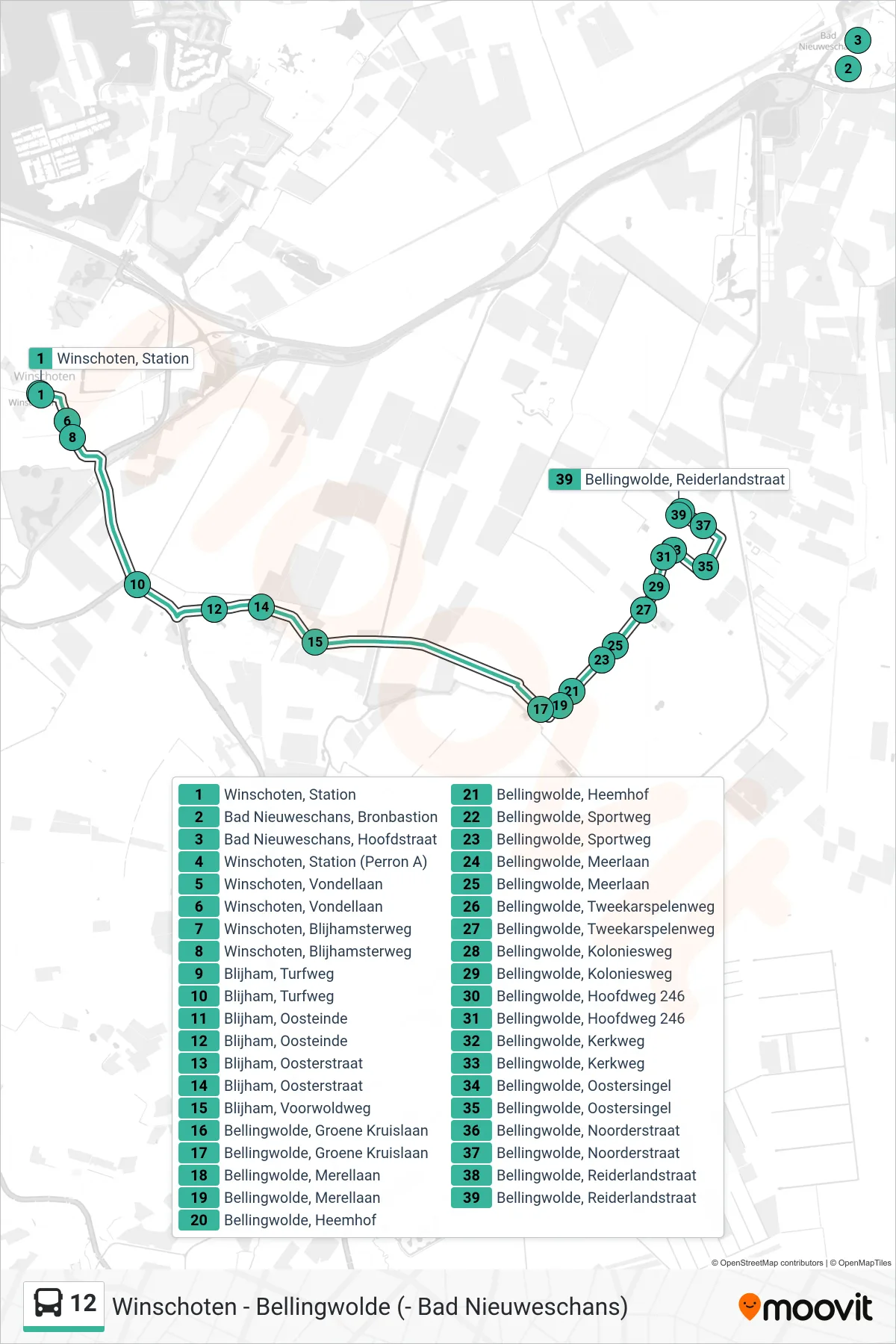 Lijn 12 (bus, Bellingwolde): route en haltes op de kaart