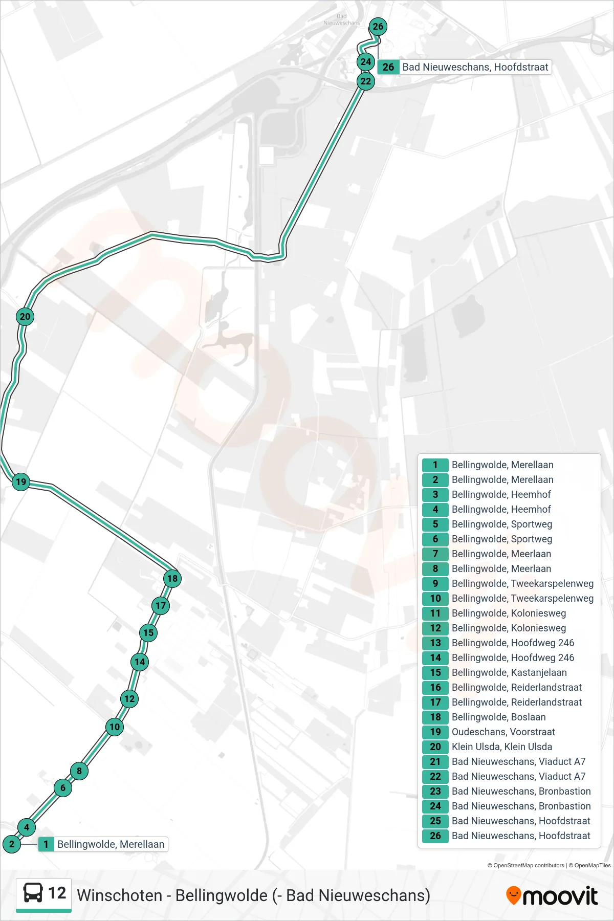 Lijn 12 (bus, Nieuweschans): route en haltes op de kaart