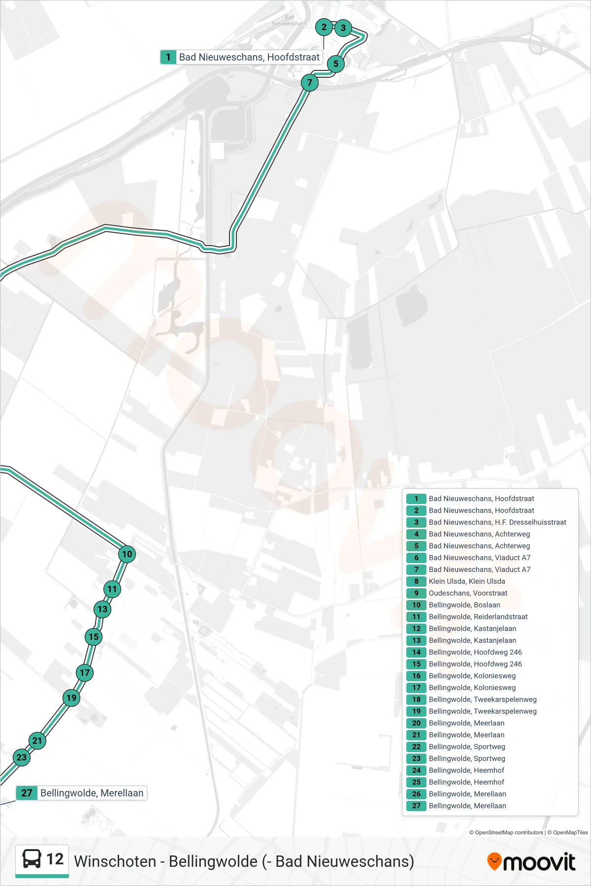 Lijn 12 (bus, Bellingwolde): route en haltes op de kaart