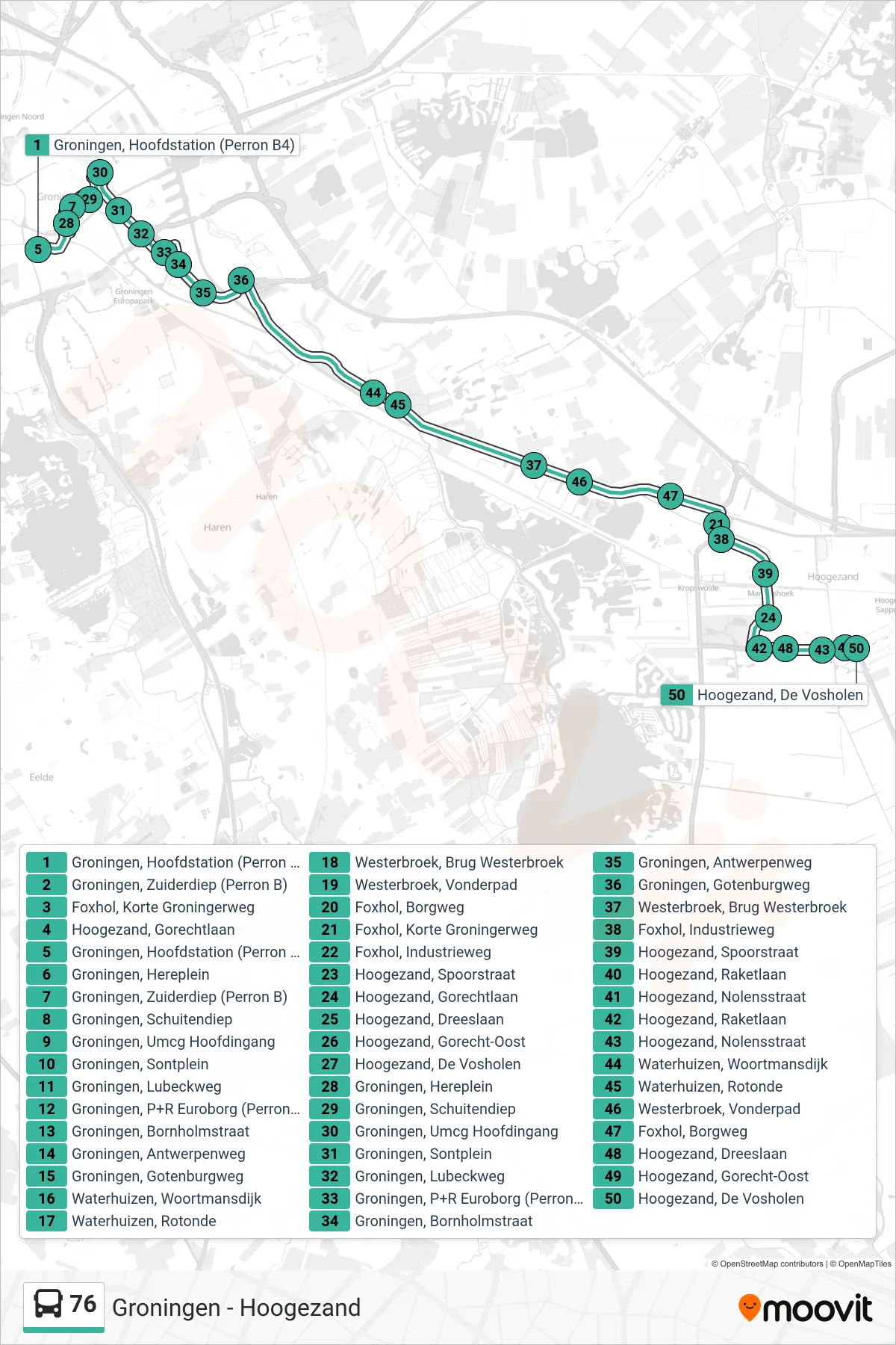 76 bus Line (Hoogezand) route and stops on a map