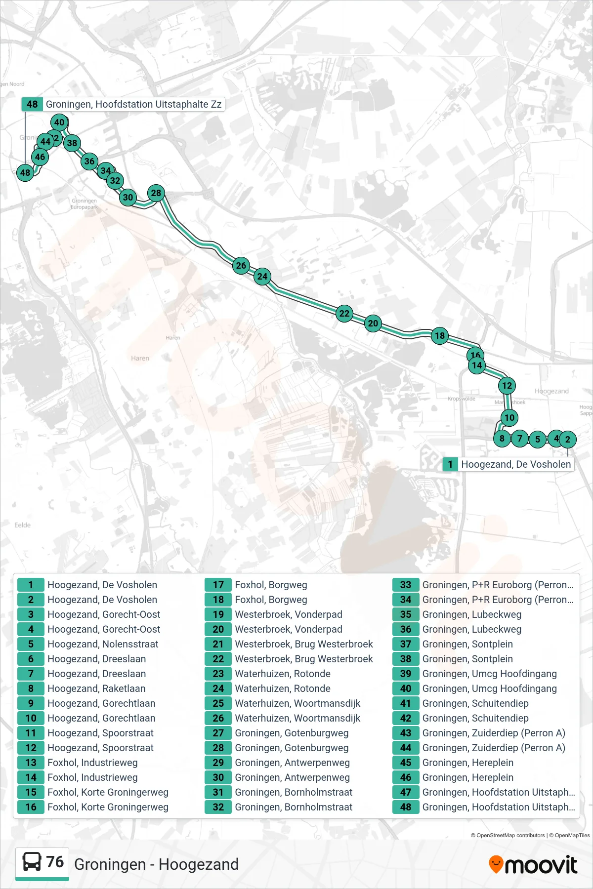 Lijn 76 (bus, Groningen): route en haltes op de kaart