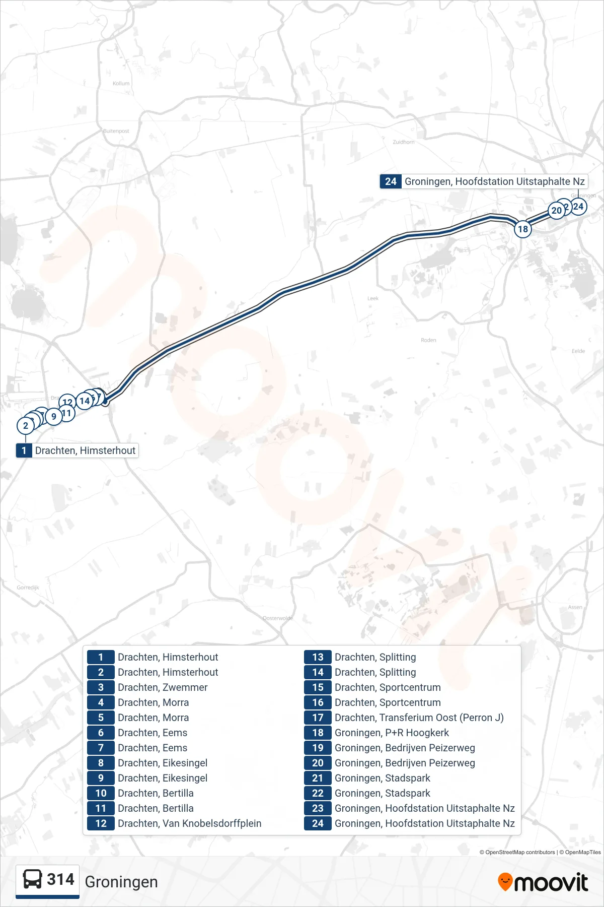Lijn 314 (bus, Groningen): route en haltes op de kaart