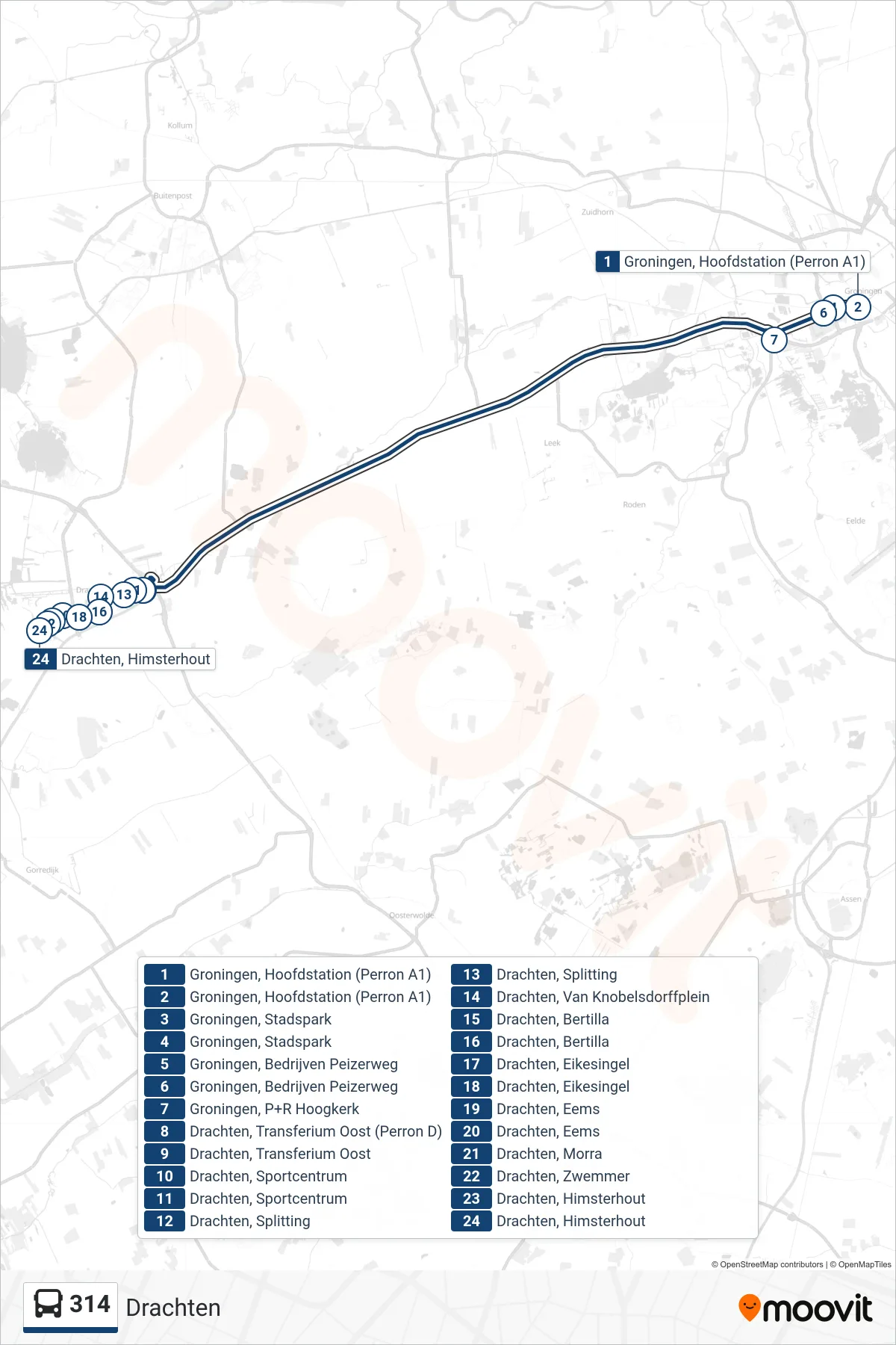 Lijn 314 (bus, Drachten): route en haltes op de kaart
