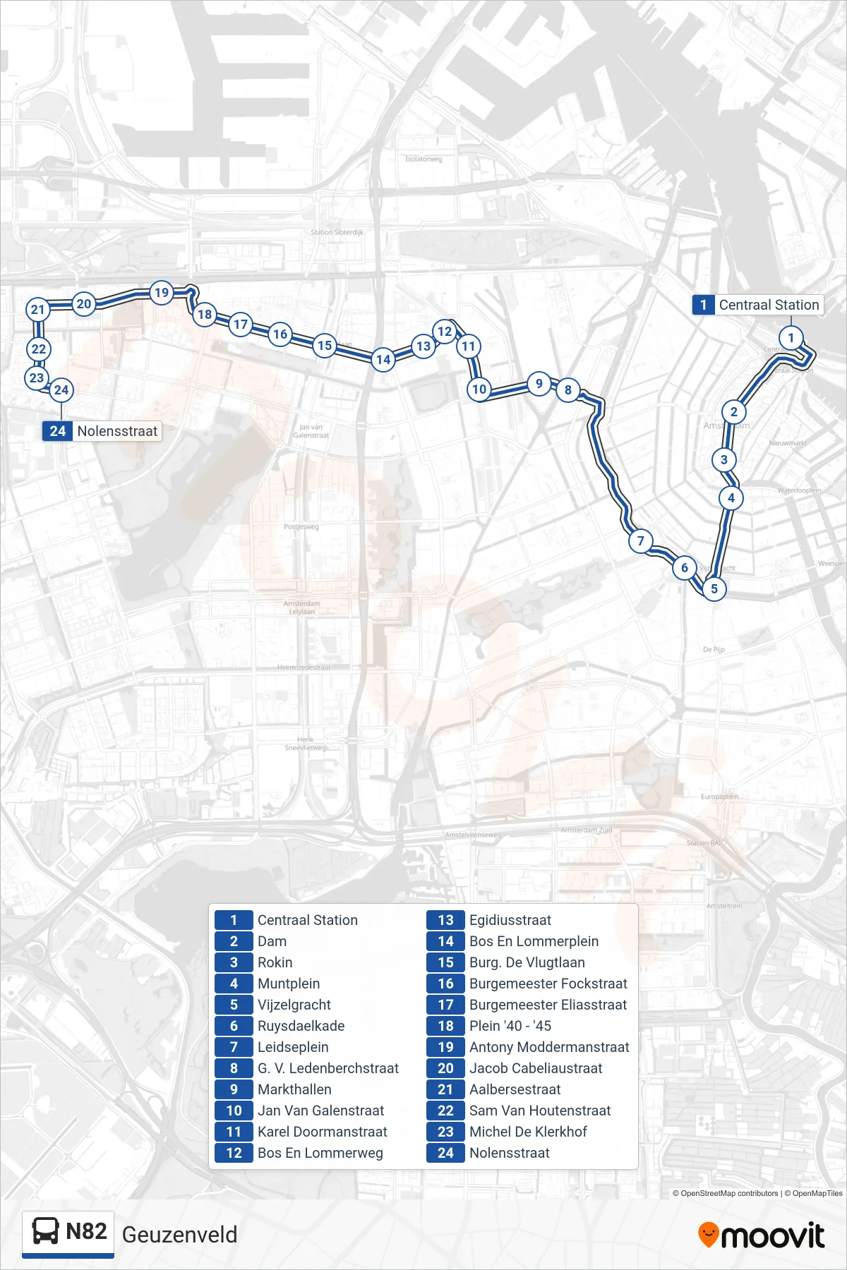 N82 bus Line (Geuzenveld) route and stops on a map