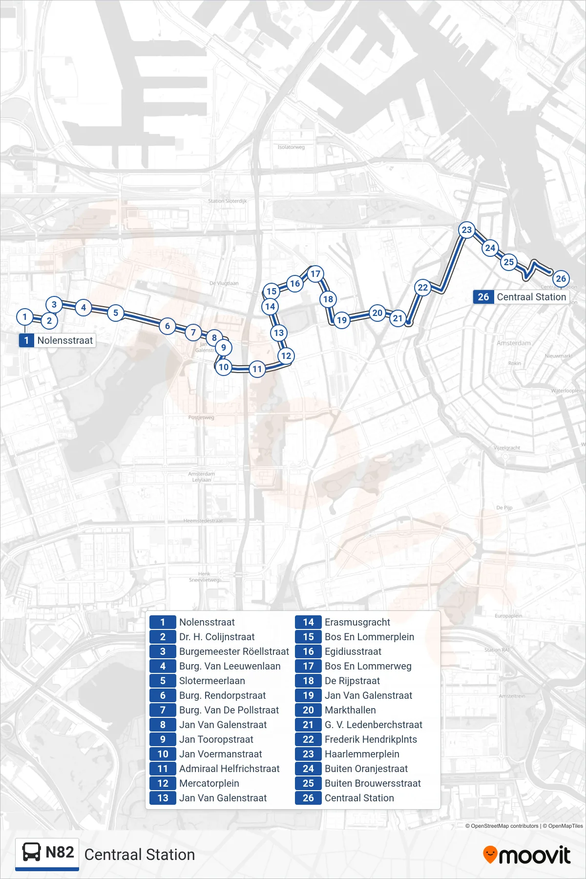 N82 bus Line (Centraal Station) route and stops on a map